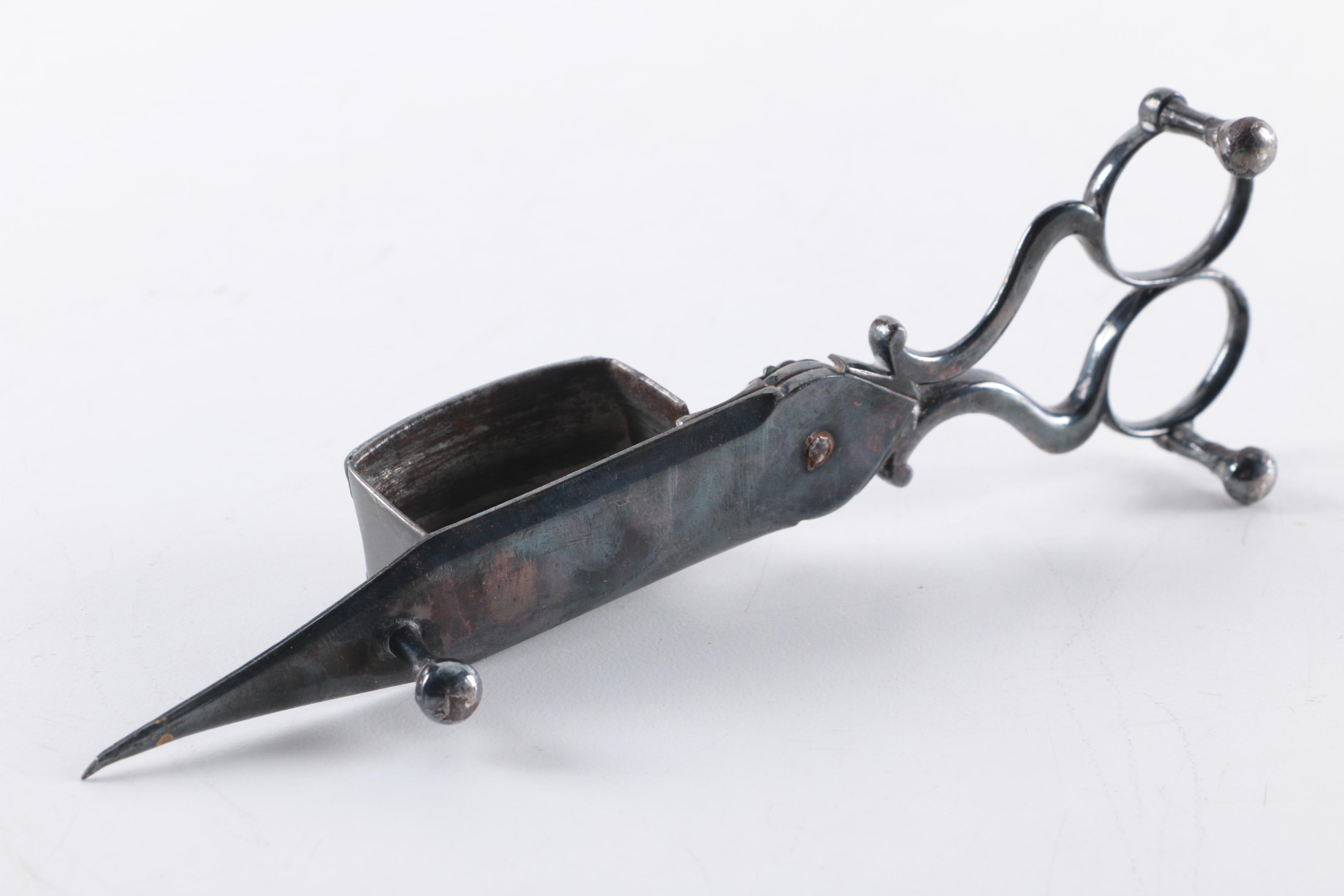 Chased Silver Plate Snuffer and Wick Trimmer and Tray