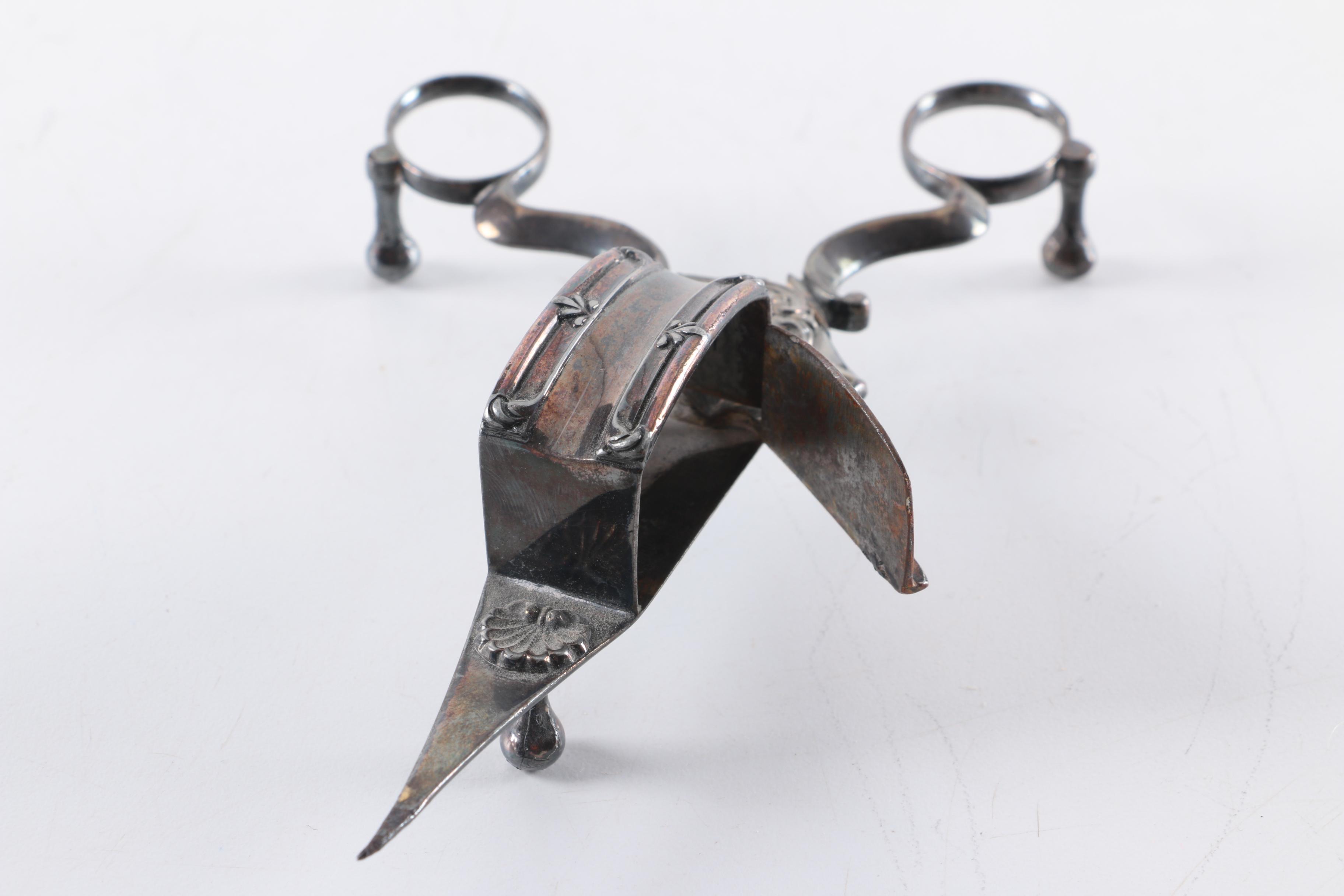 Chased Silver Plate Snuffer and Wick Trimmer and Tray