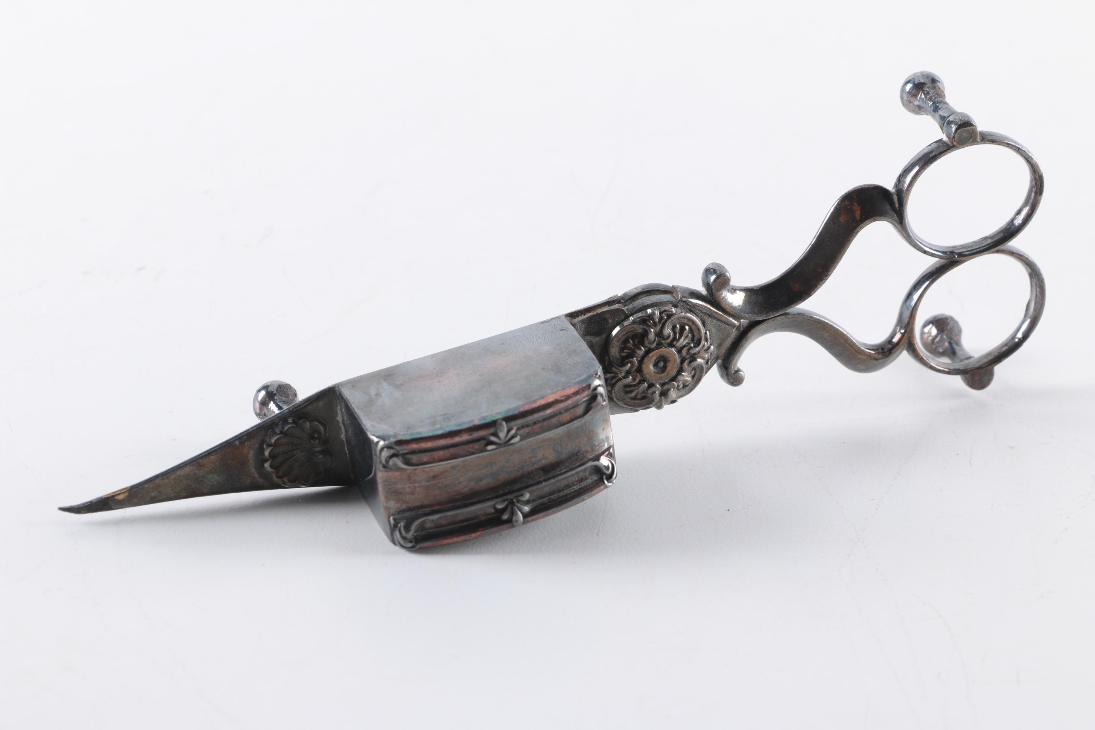 Chased Silver Plate Snuffer and Wick Trimmer and Tray