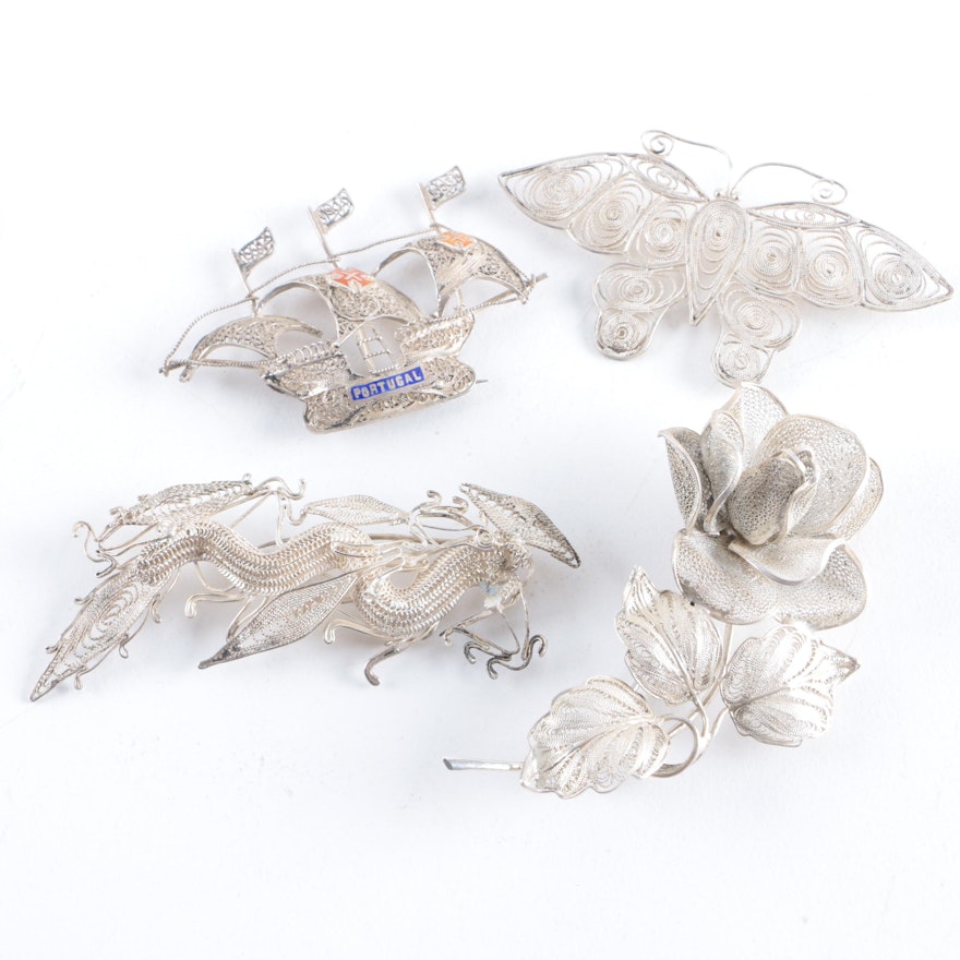 Sterling Silver Filigree Wirework Brooches