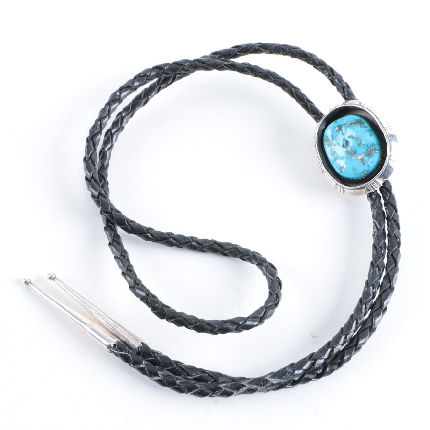 Sterling Silver, Turquoise and Leather Bolo Tie