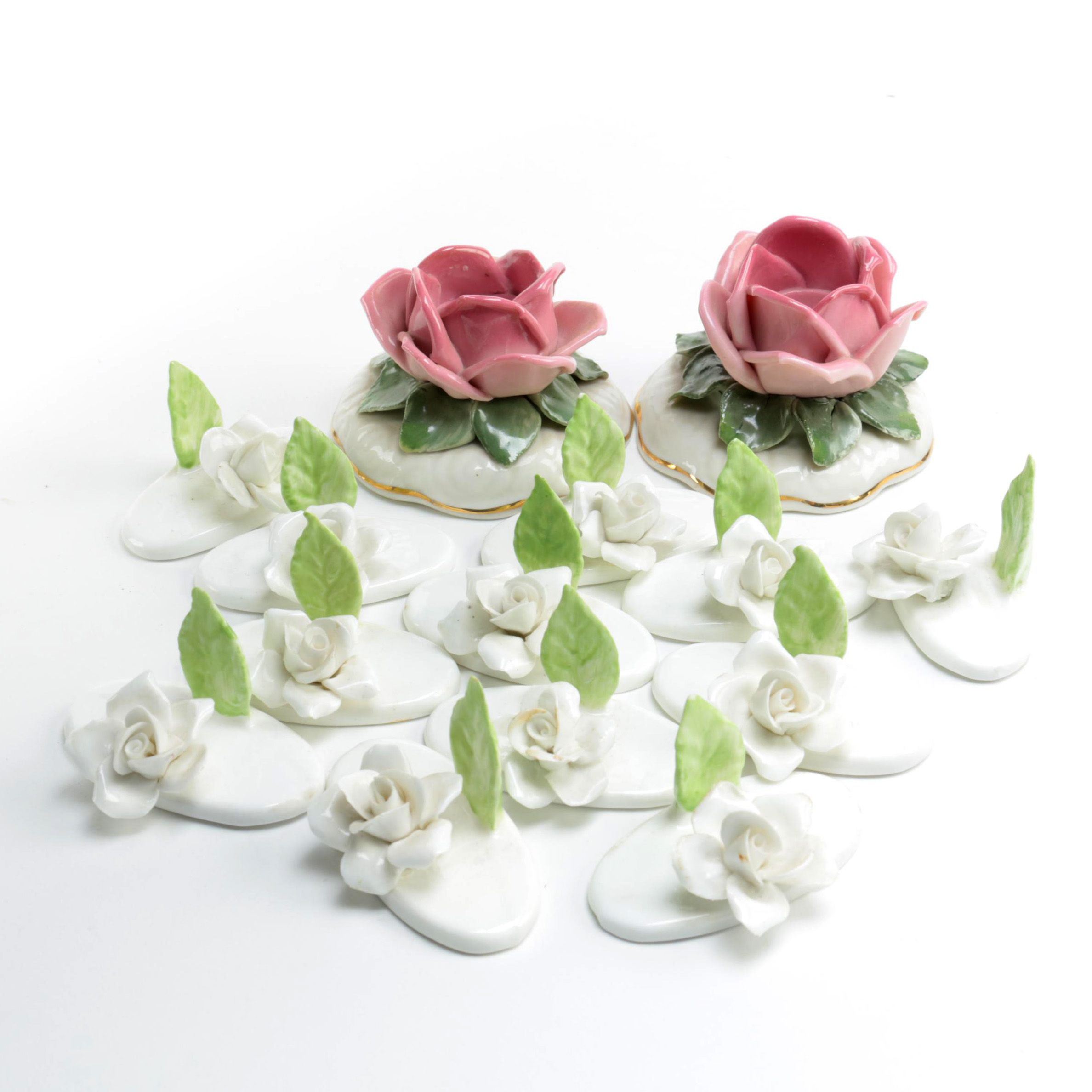 Crown Staffordshire Floral Place Holders and Dresden Candle Holders
