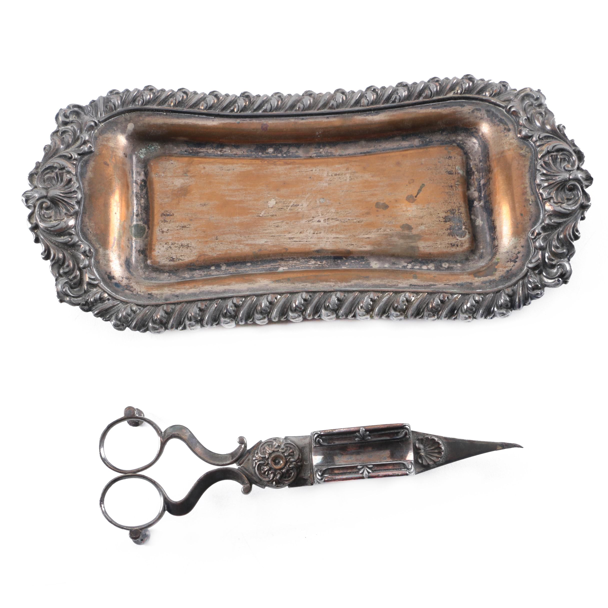 Chased Silver Plate Snuffer and Wick Trimmer and Tray