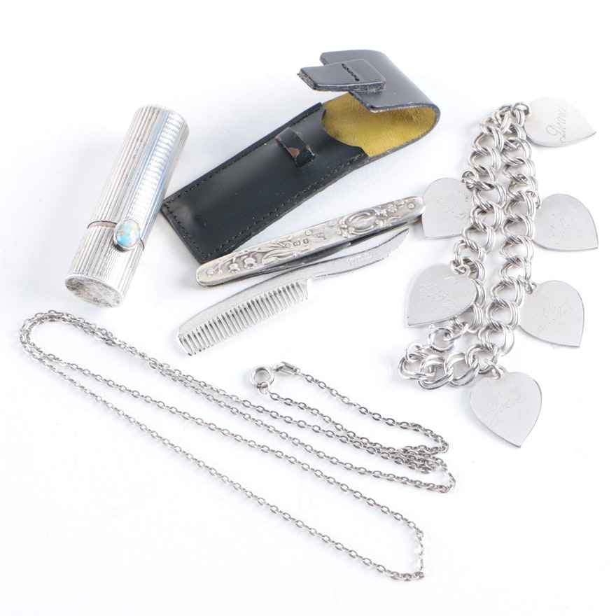 Vintage Sterling Silver Jewelry Including an 800 Silver Lipstick Case
