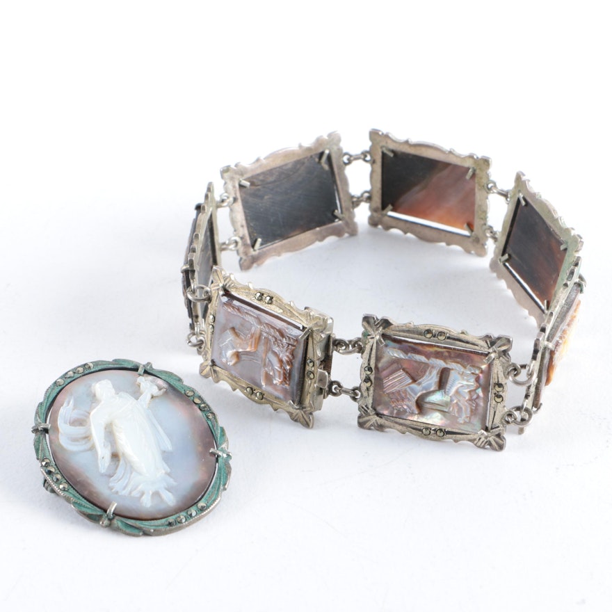 800 Silver and Black Mother of Pearl Bracelet and Brooch