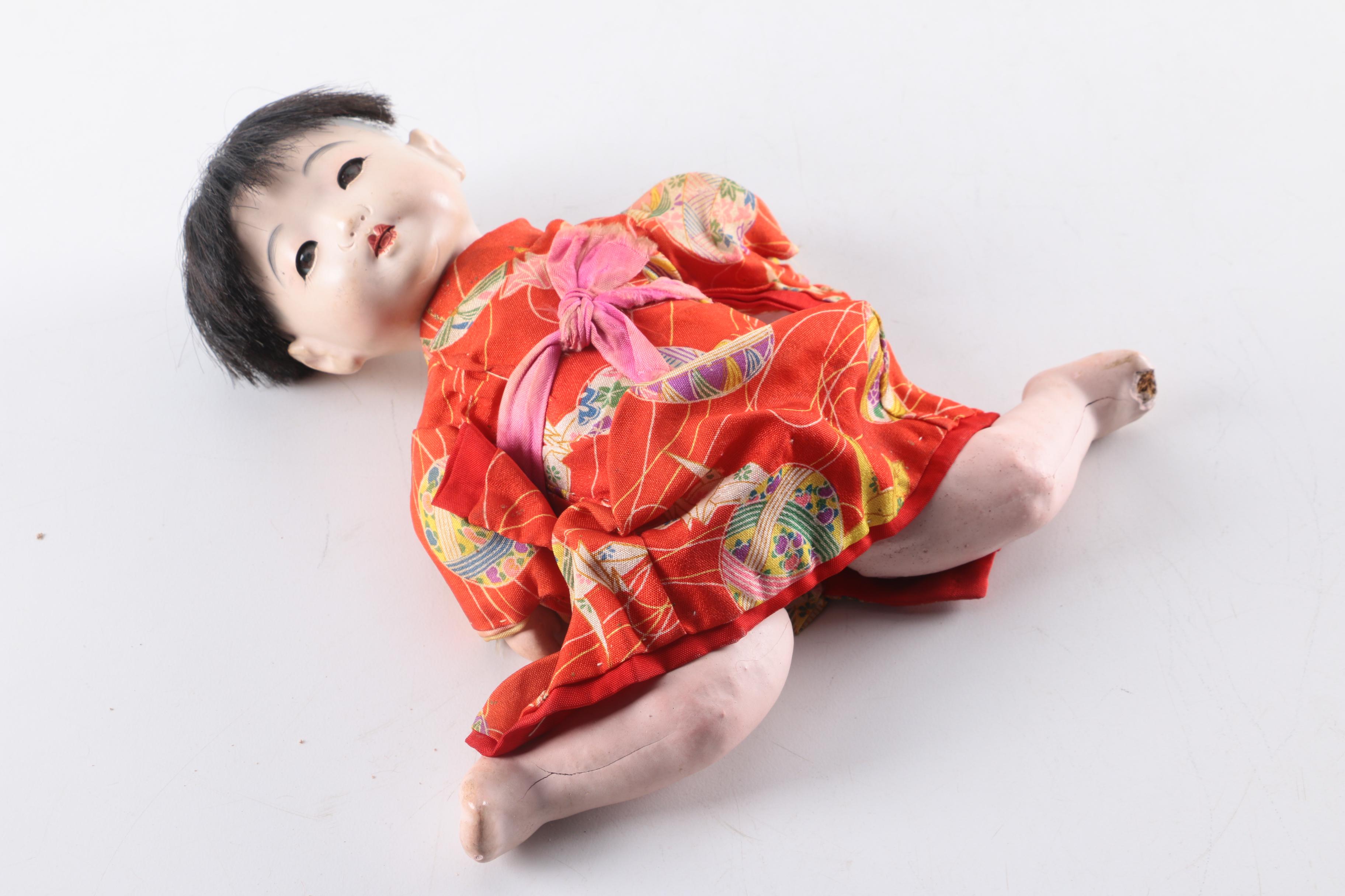 1950s Hanako "Japanese Doll with Six Wigs" and Gofun Composition Doll