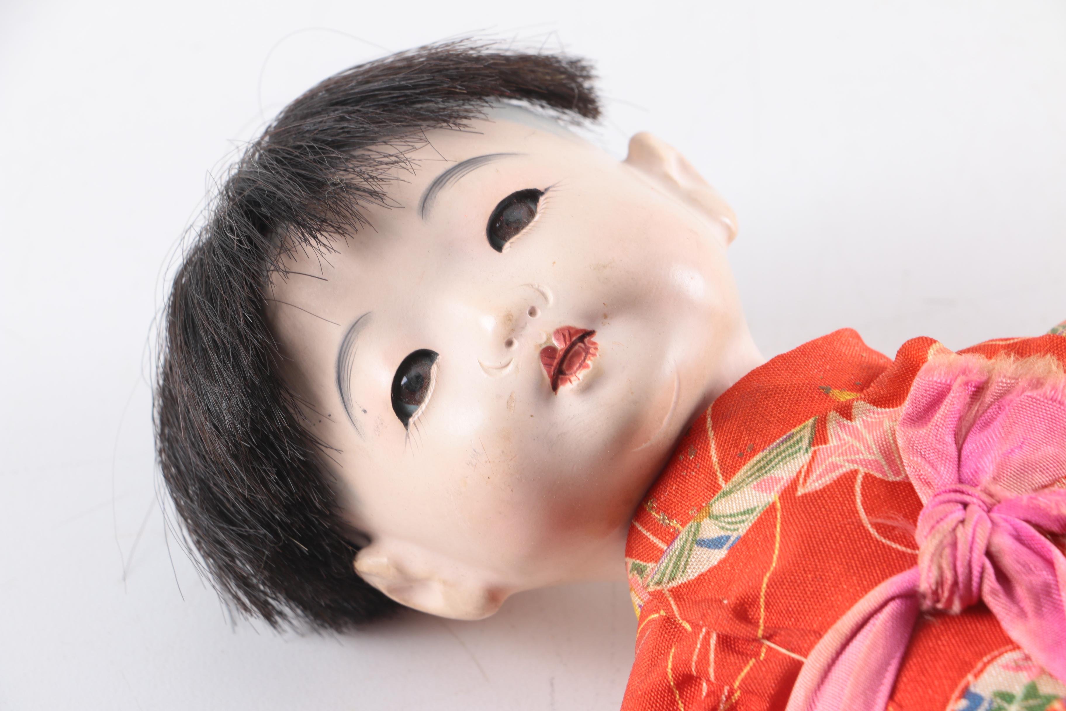 1950s Hanako "Japanese Doll with Six Wigs" and Gofun Composition Doll