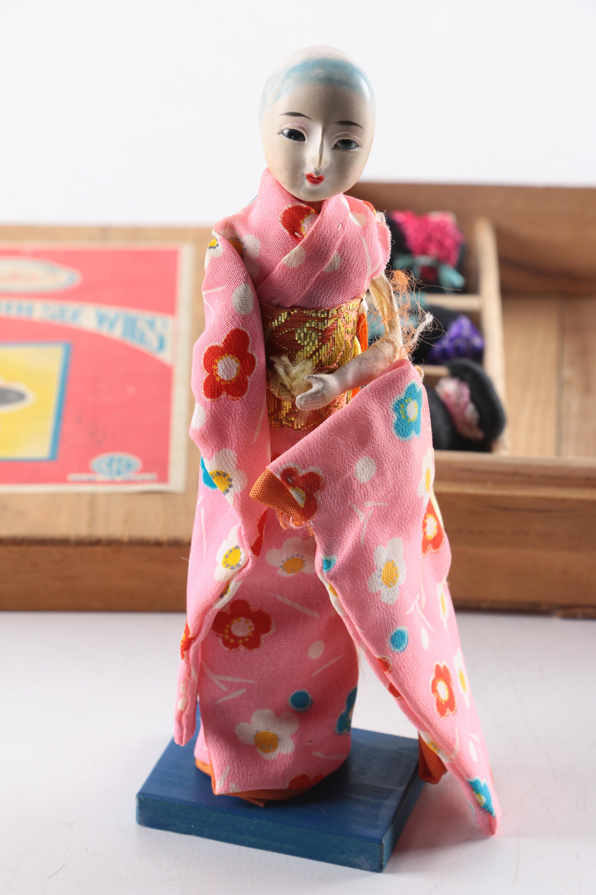 1950s Hanako "Japanese Doll with Six Wigs" and Gofun Composition Doll