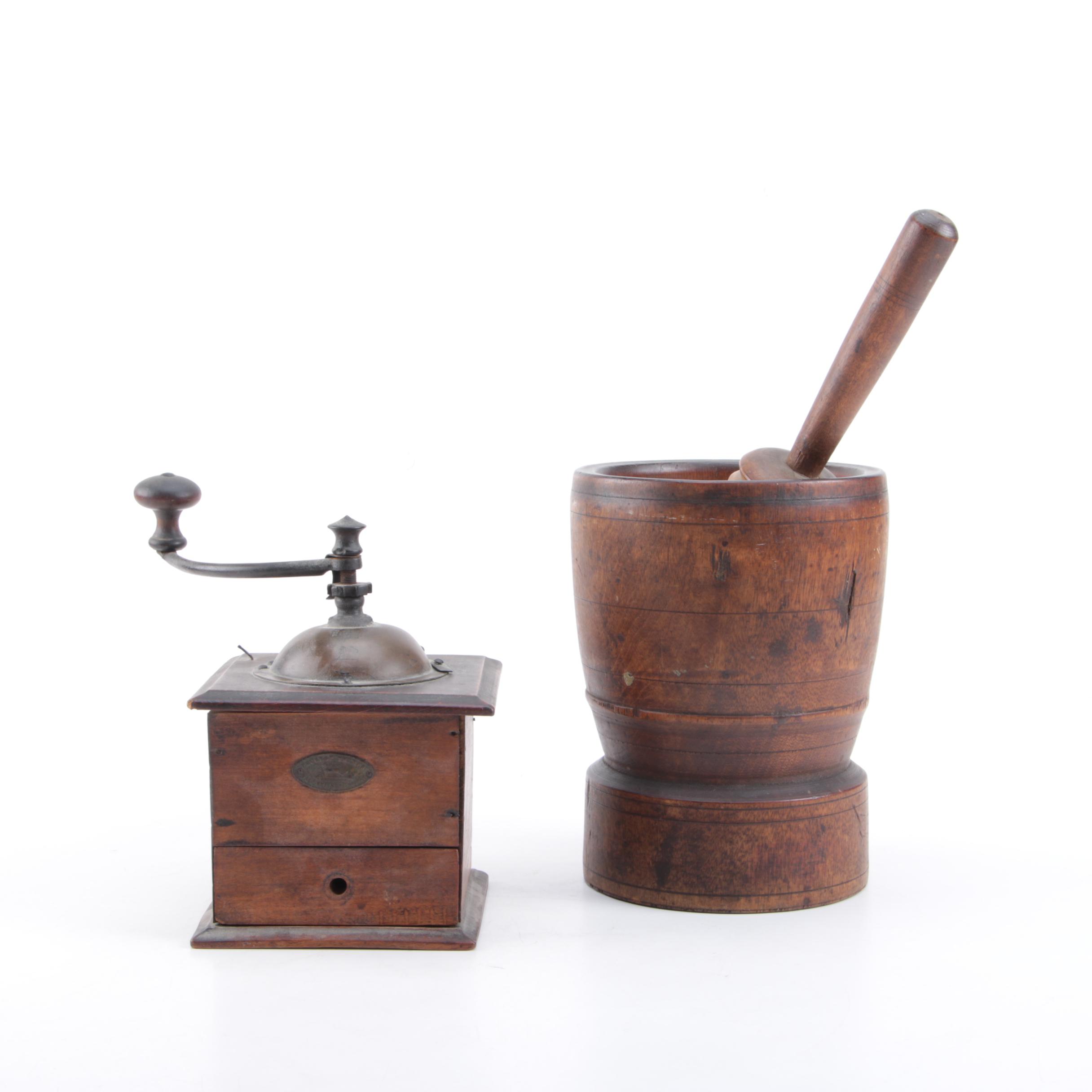 Peugeot Freres Valentigney Wood Coffee Grinder and Wooden Mortar and Pestle