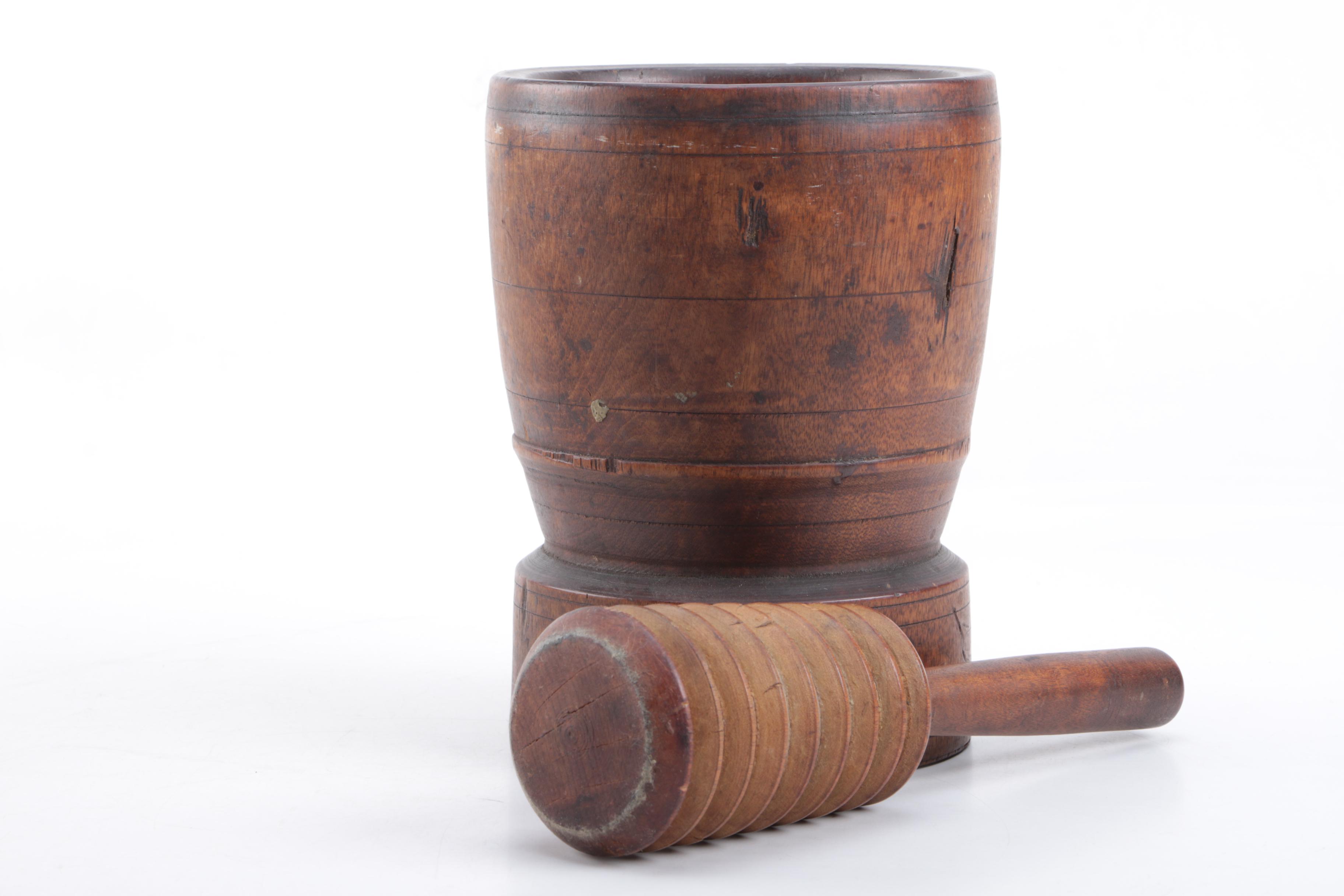 Peugeot Freres Valentigney Wood Coffee Grinder and Wooden Mortar and Pestle