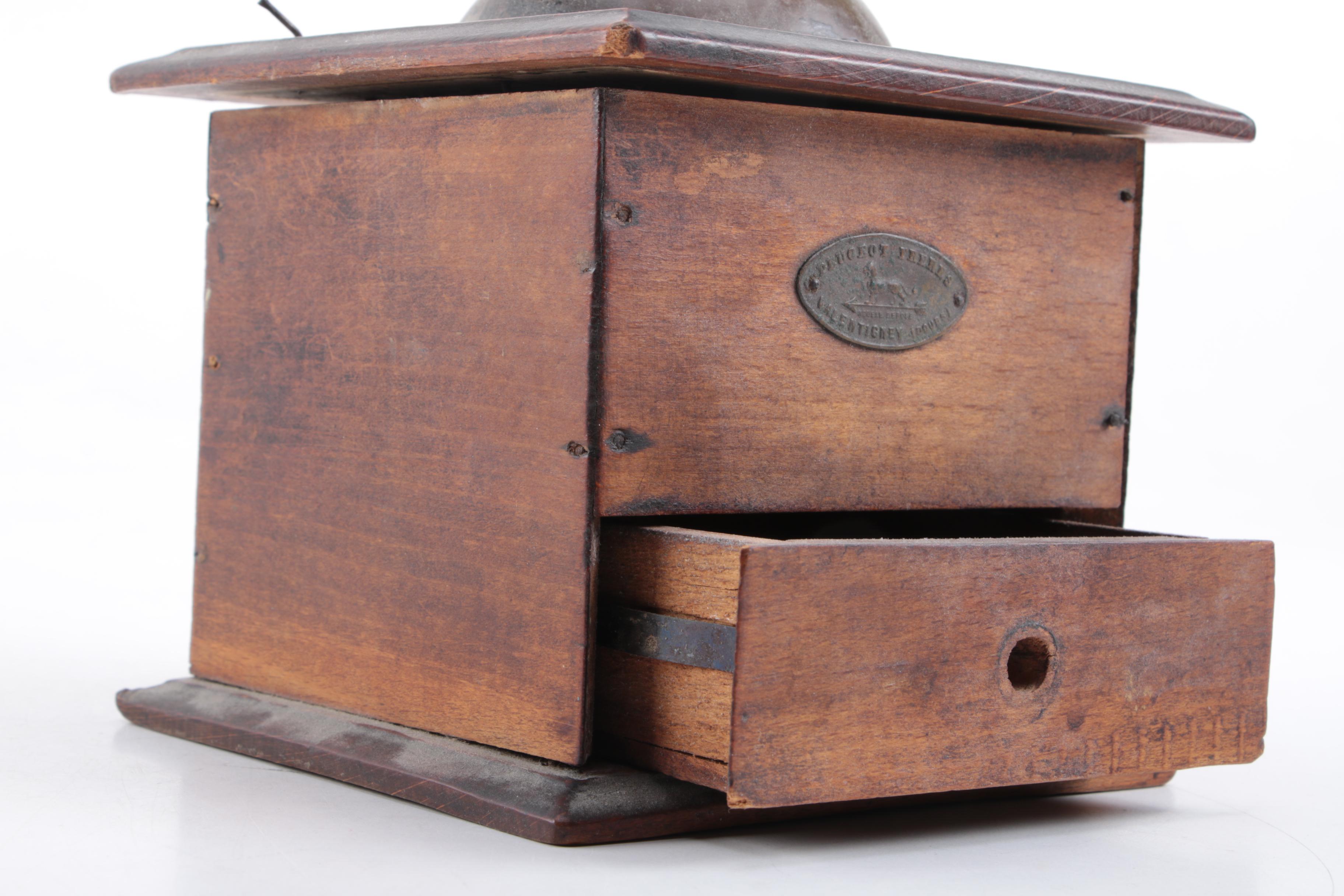 Peugeot Freres Valentigney Wood Coffee Grinder and Wooden Mortar and Pestle