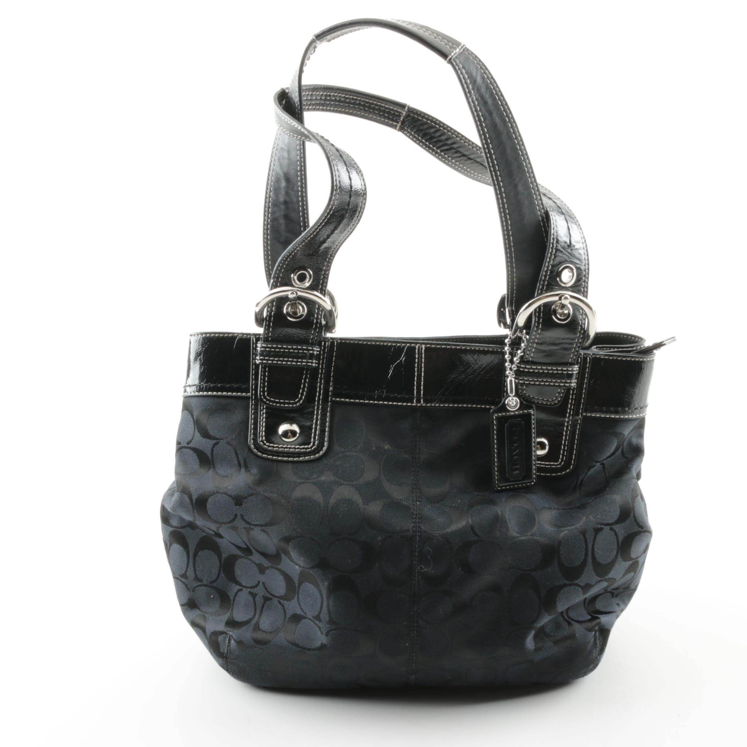 Coach Pleated Signature Jacquard and Black Leather Tote Handbag