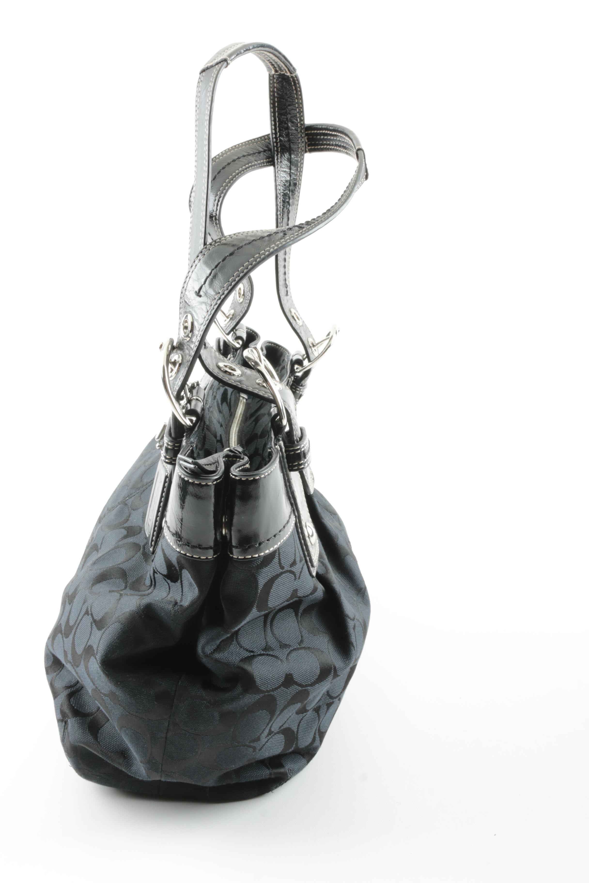 Coach Pleated Signature Jacquard and Black Leather Tote Handbag