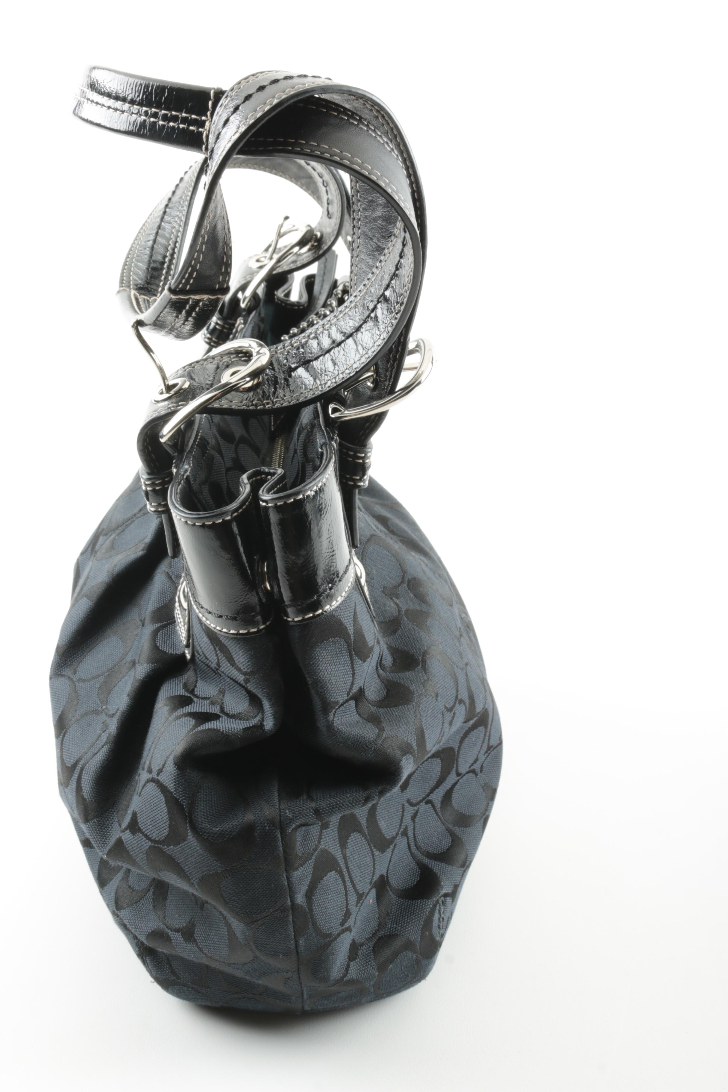 Coach Pleated Signature Jacquard and Black Leather Tote Handbag