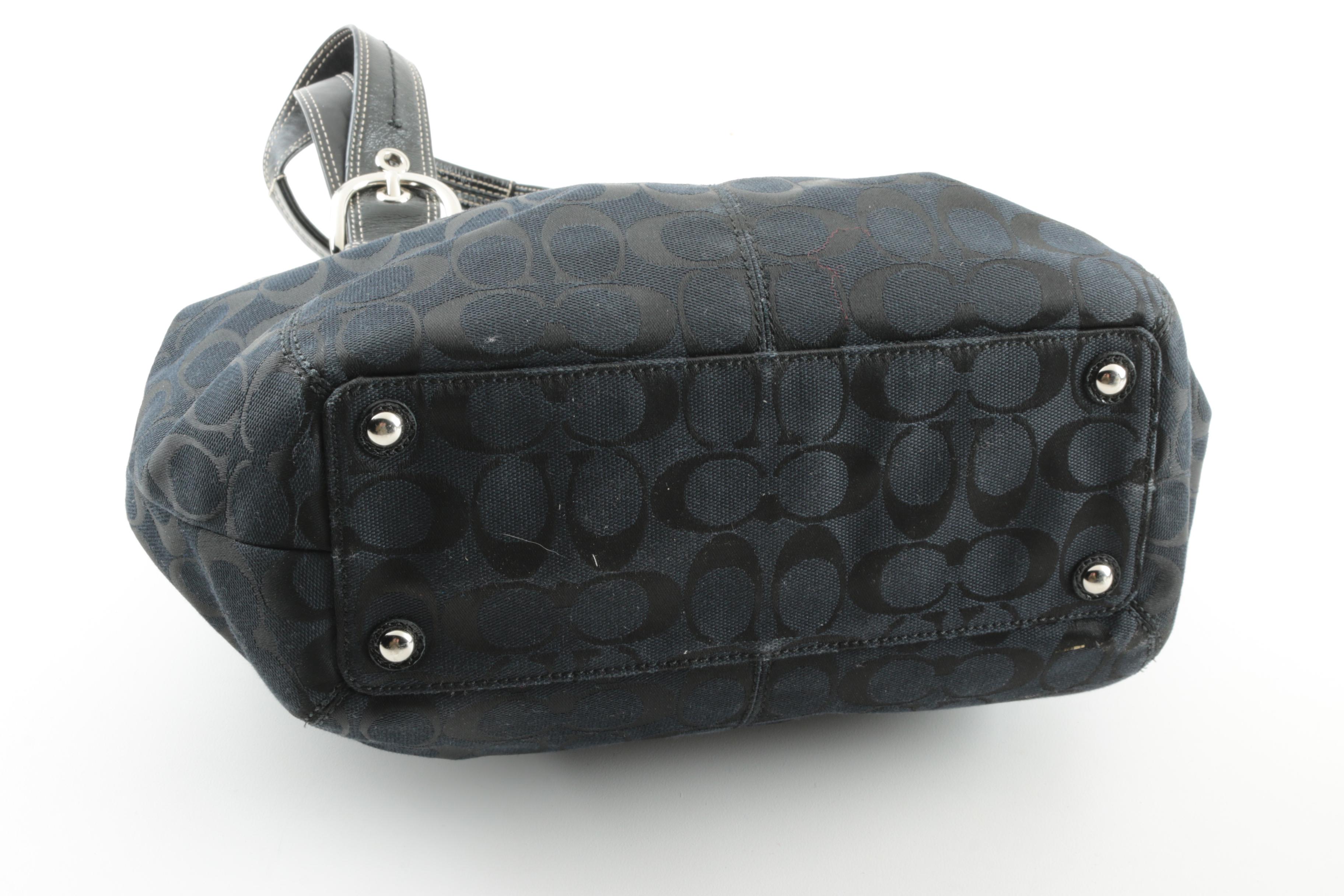 Coach Pleated Signature Jacquard and Black Leather Tote Handbag