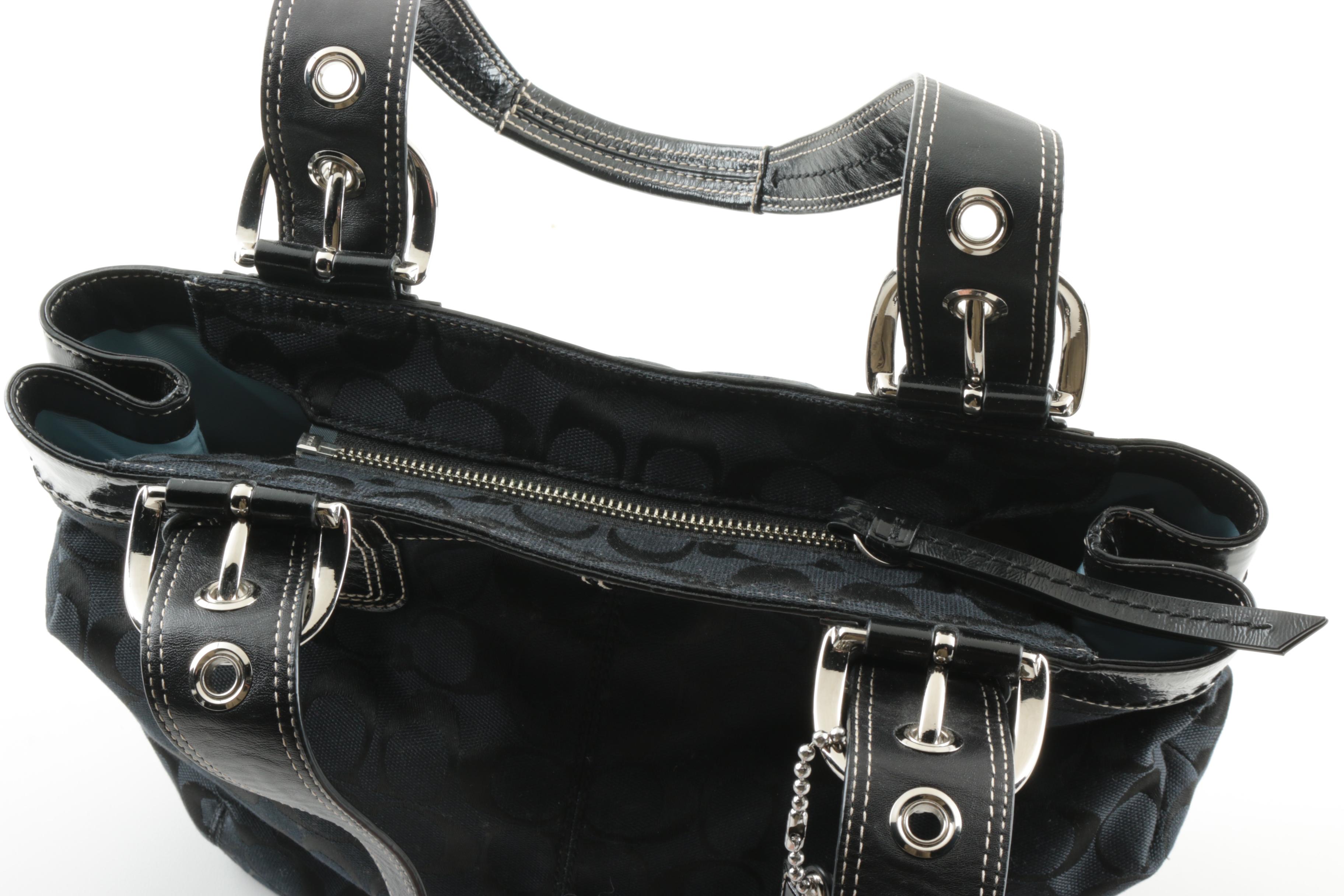 Coach Pleated Signature Jacquard and Black Leather Tote Handbag