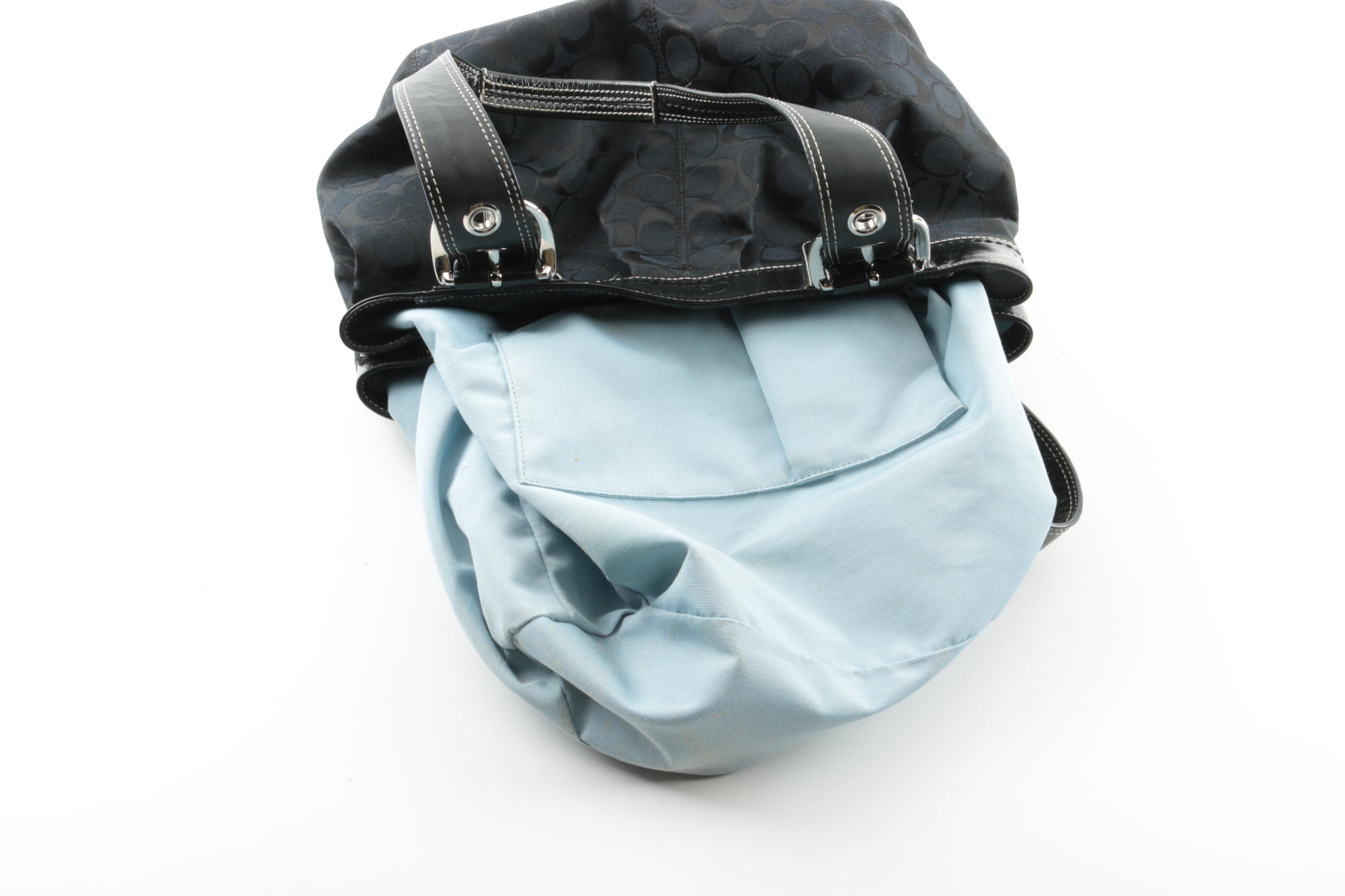 Coach Pleated Signature Jacquard and Black Leather Tote Handbag