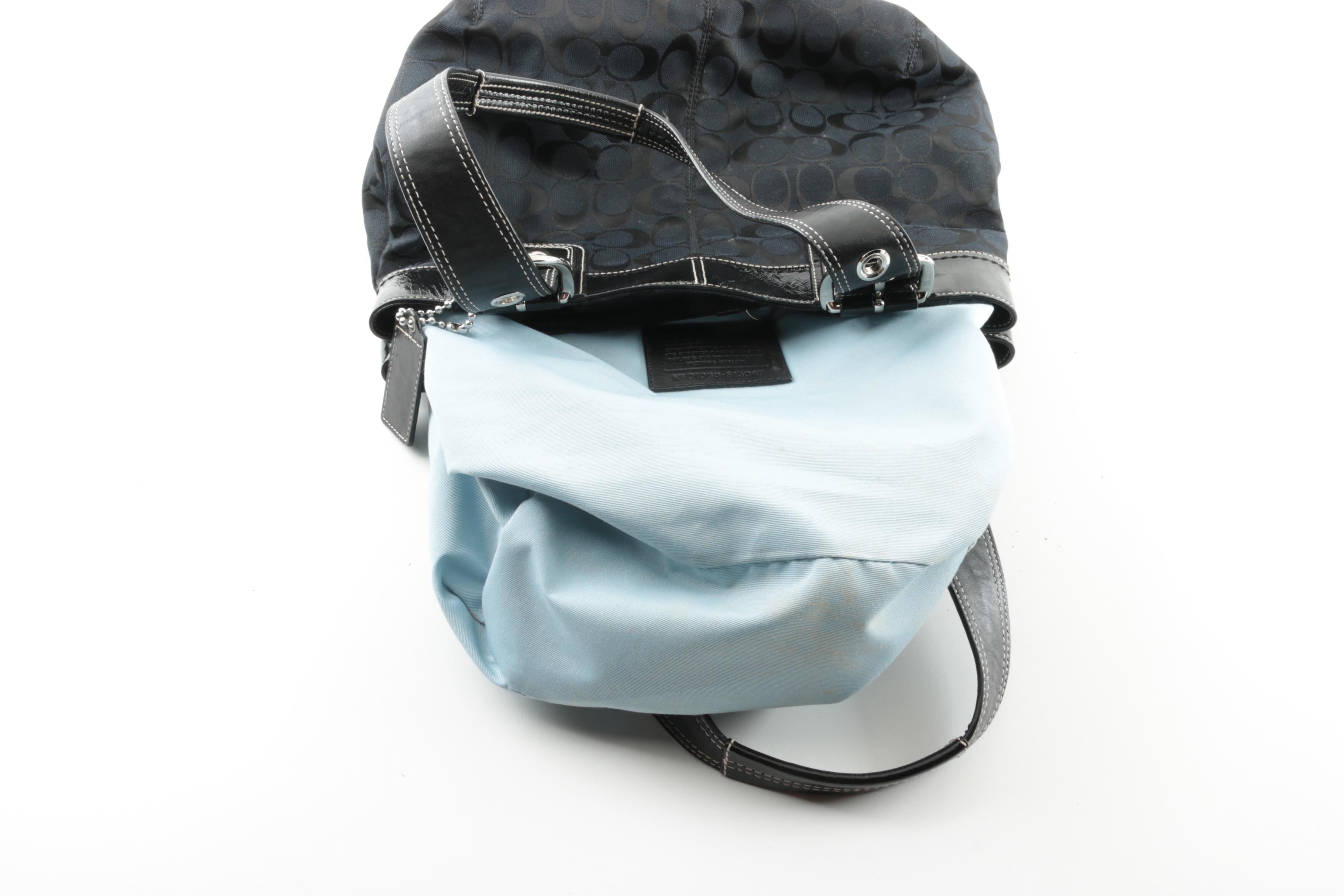 Coach Pleated Signature Jacquard and Black Leather Tote Handbag