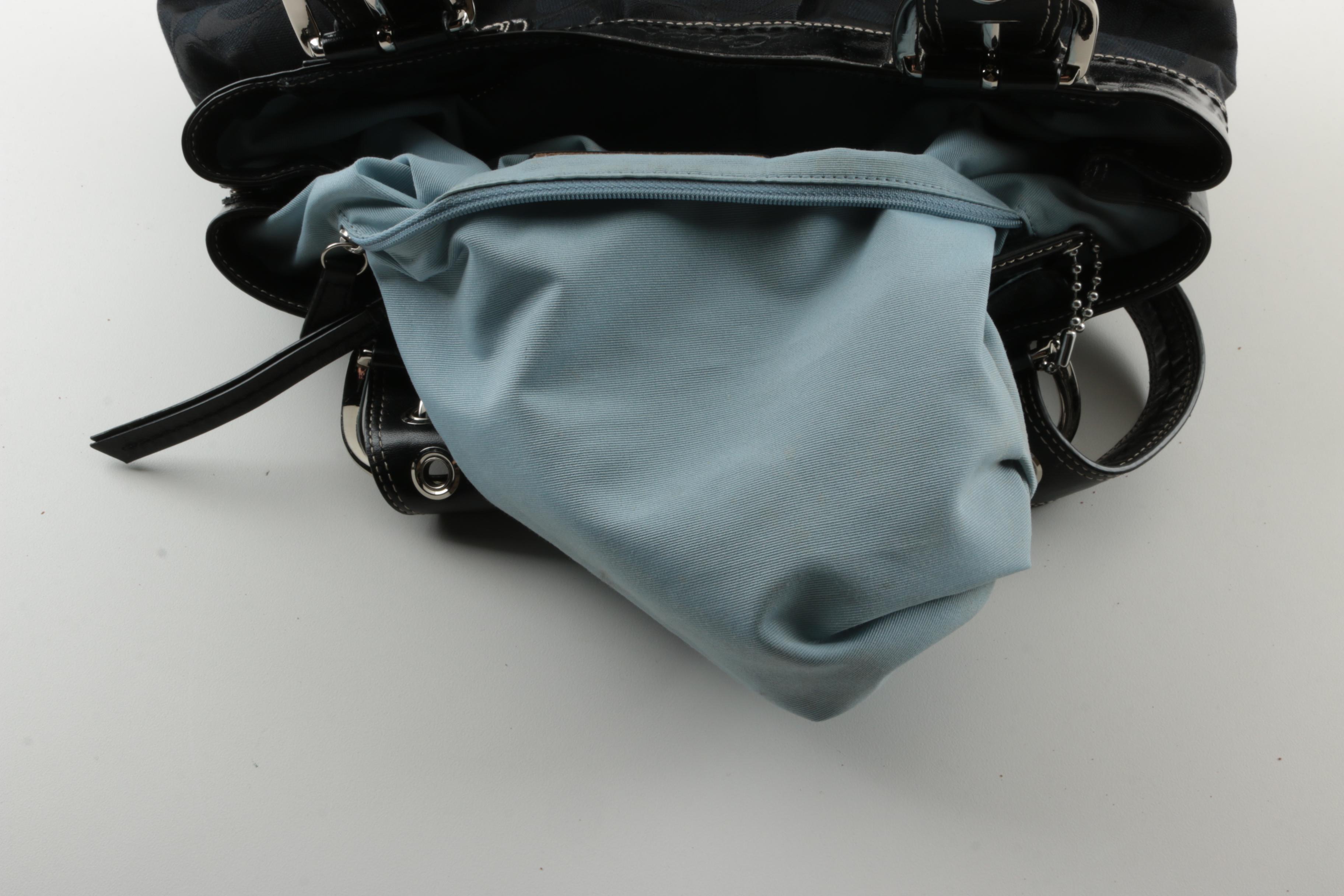 Coach Pleated Signature Jacquard and Black Leather Tote Handbag