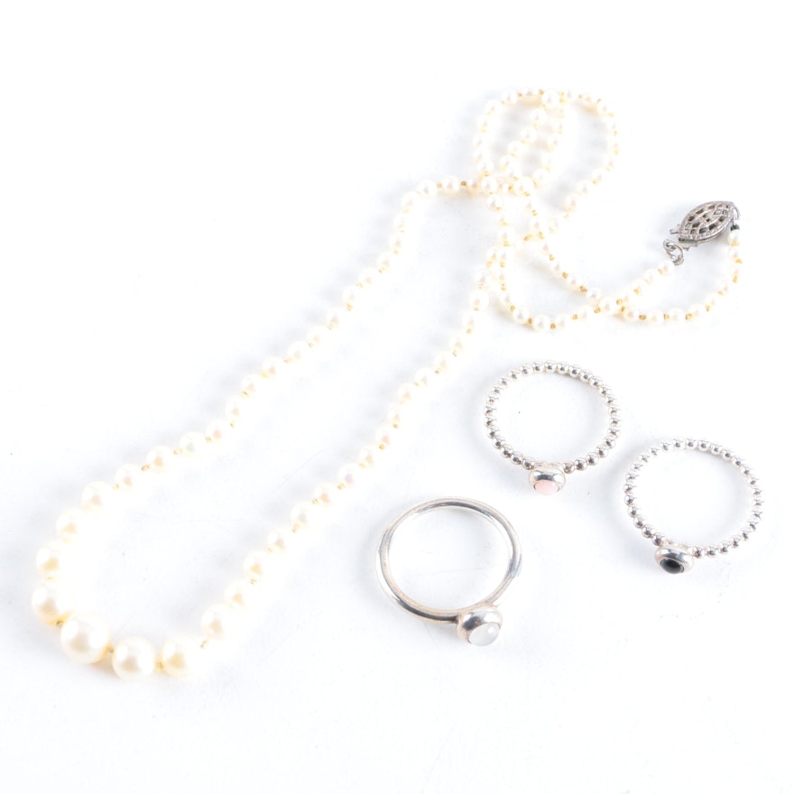 Pandora Sterling Silver Rings and a Cultured Pearl Beaded Necklace
