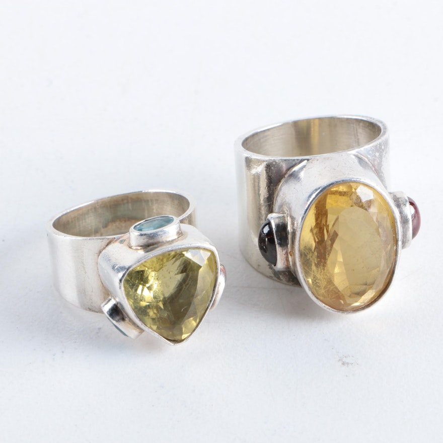 Obsidian Sterling Silver Rings Featuring Citrine