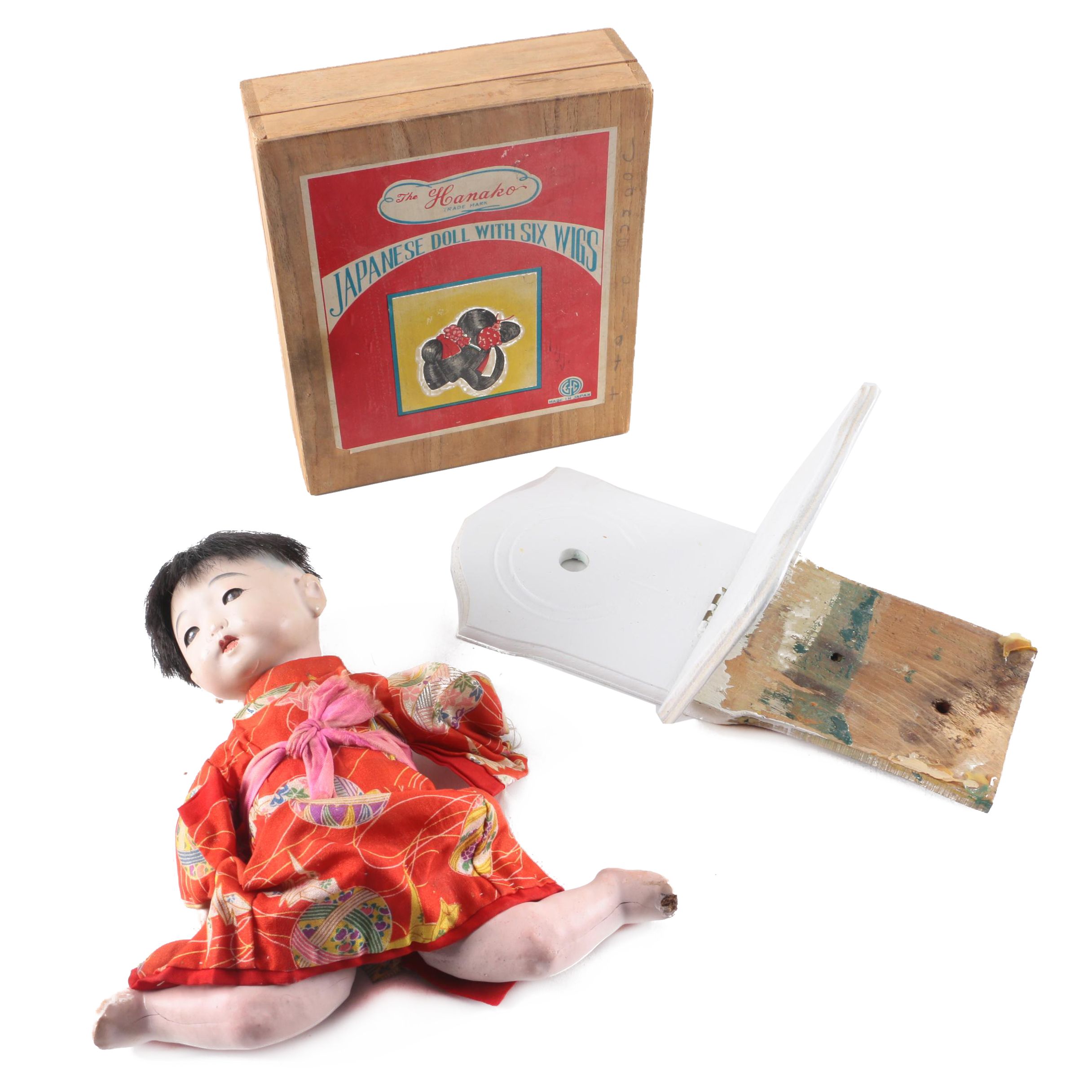 1950s Hanako "Japanese Doll with Six Wigs" and Gofun Composition Doll