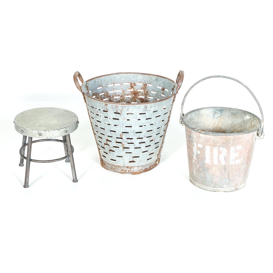 Metal Olive Bucket, Fire Pail, and Small Stool