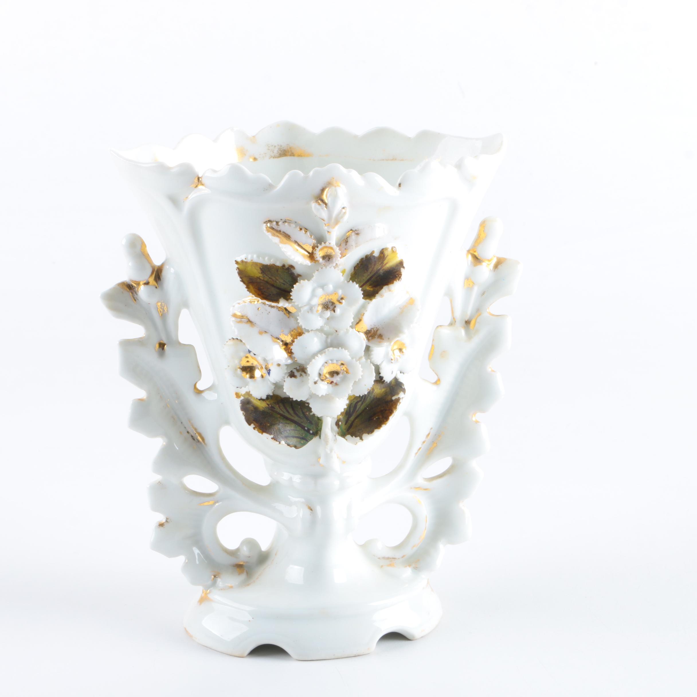 White Floral Motif Porcelain Vase with Gold Tone Trim