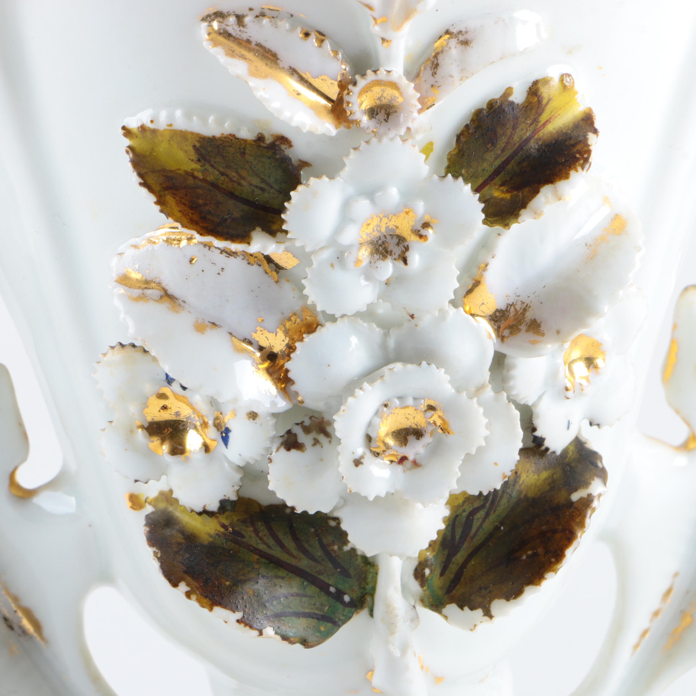 White Floral Motif Porcelain Vase with Gold Tone Trim