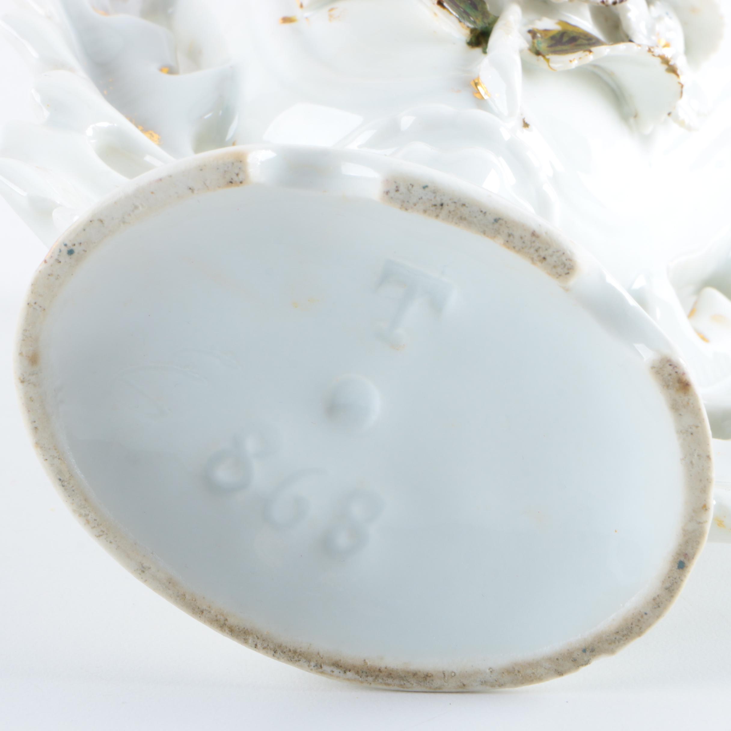 White Floral Motif Porcelain Vase with Gold Tone Trim