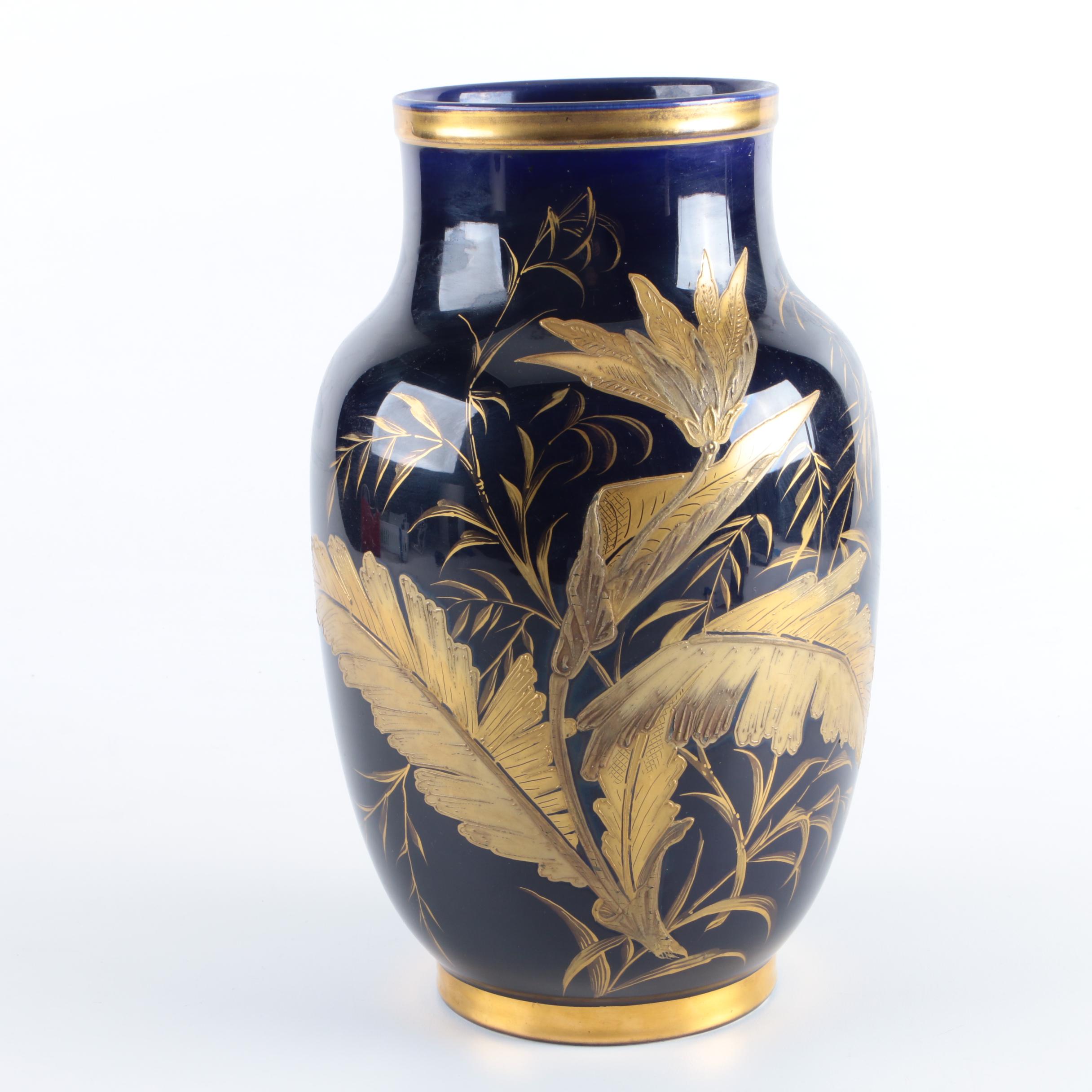 Blue Vase with Gold Tone Leaf Motif