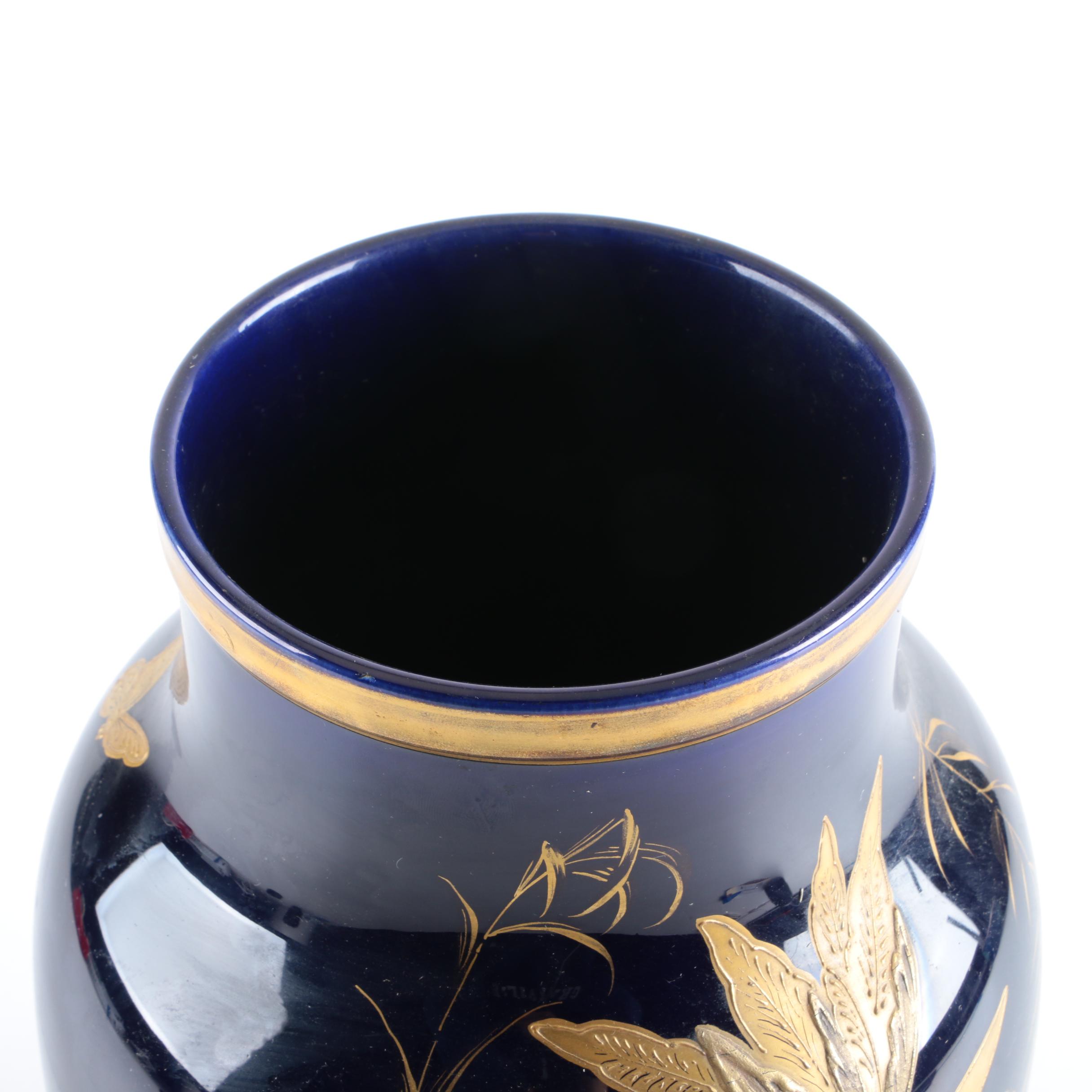 Blue Vase with Gold Tone Leaf Motif