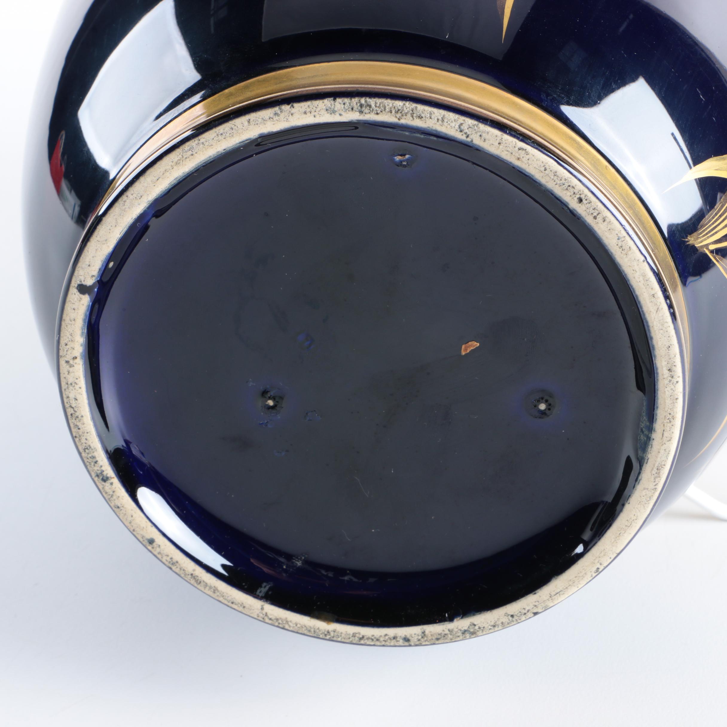 Blue Vase with Gold Tone Leaf Motif