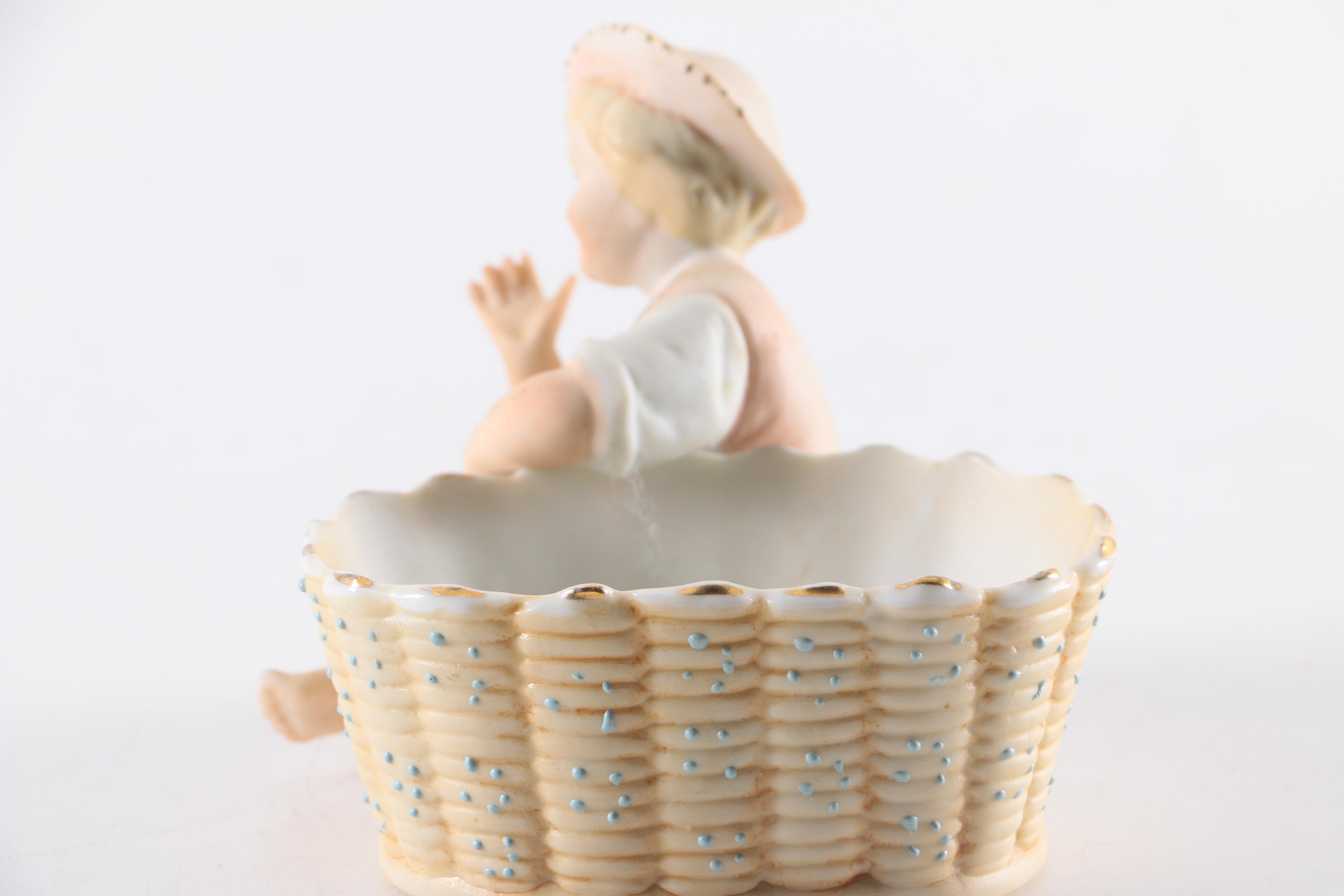 Arnart Boy with Basket Bisque Porcelain Match Holder Figurine