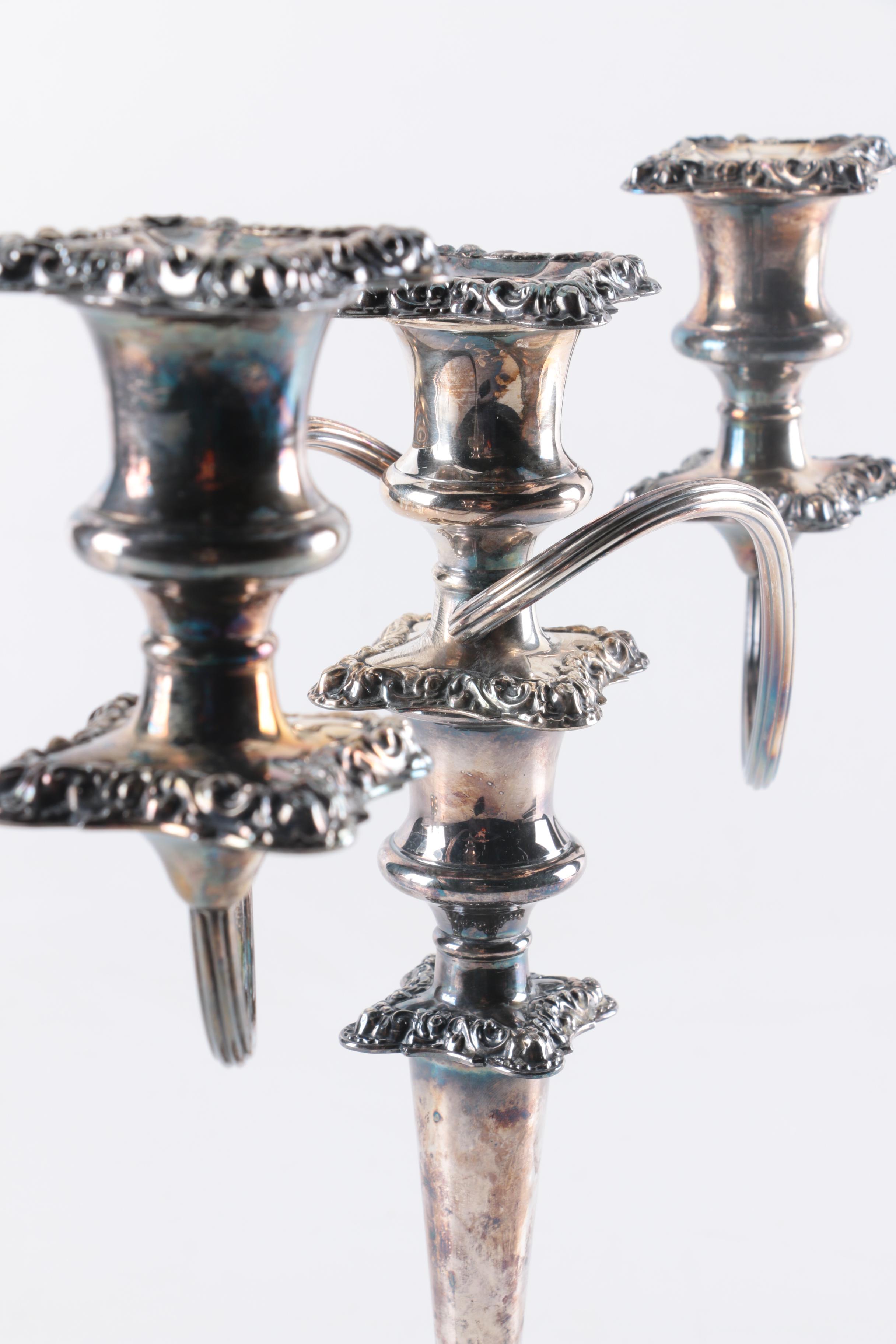 Repoussé  Silver Plate Candelabra with Matching Candlestick
