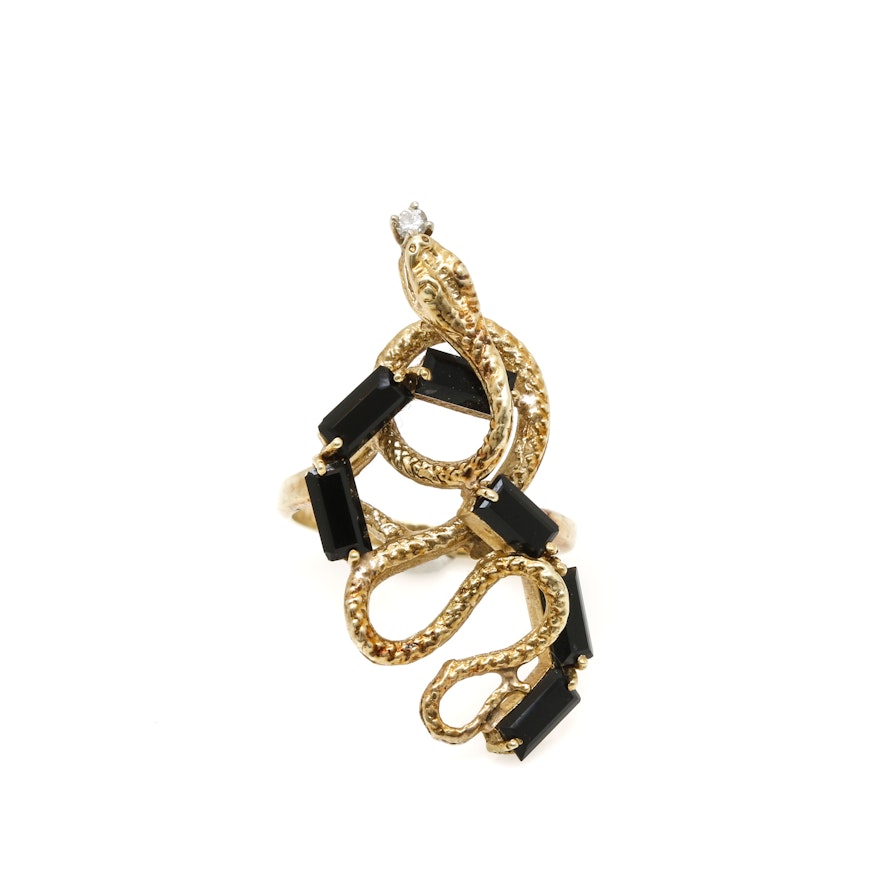 14K Yellow Gold Black Onyx Diamond Snake Ring