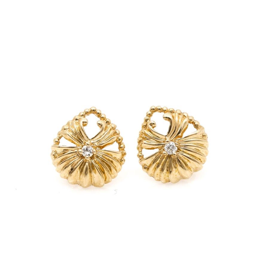 14K Yellow Gold Diamond Floral Stud Earrings