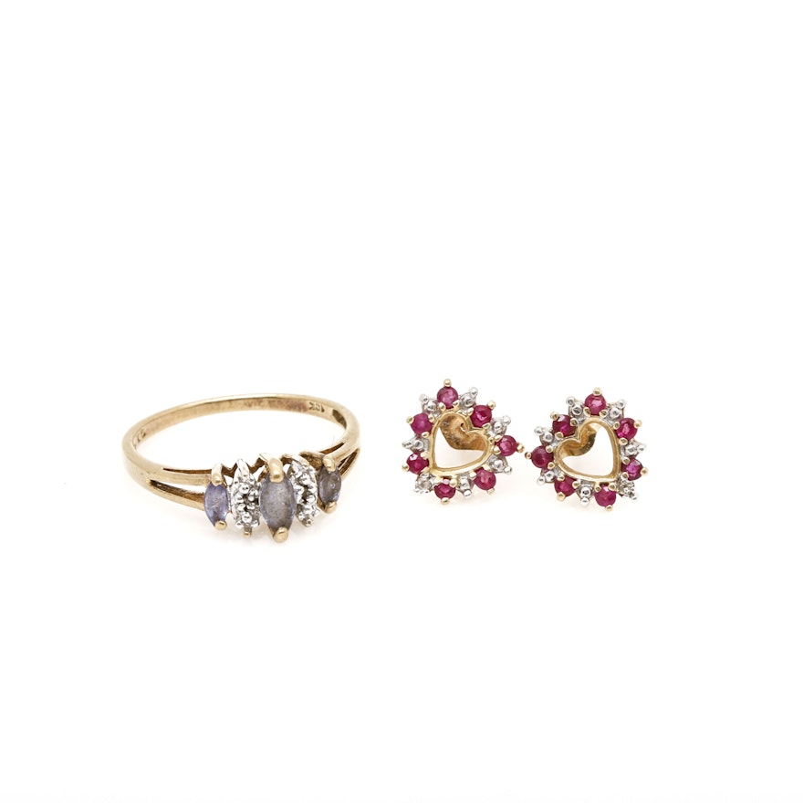 10K Yellow Gold Gemstone and Diamond Ring and Earrings