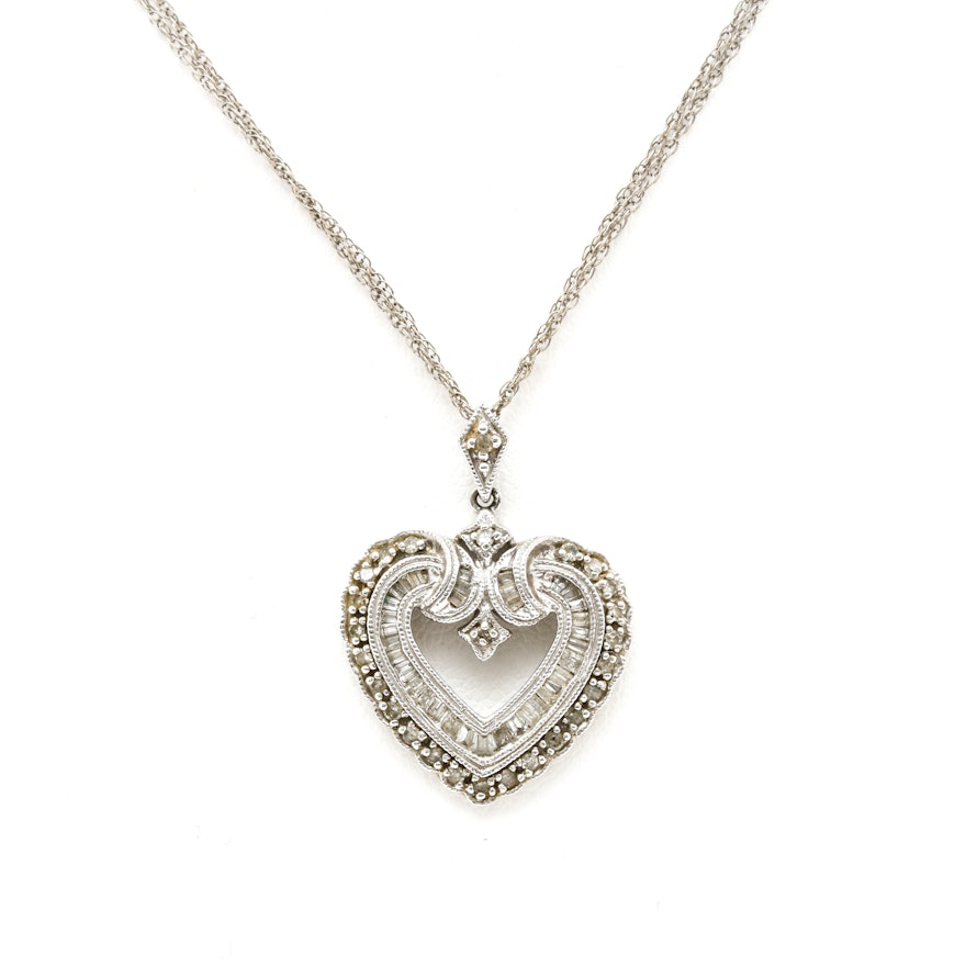 10K White Gold Diamond Heart Pendant Necklace