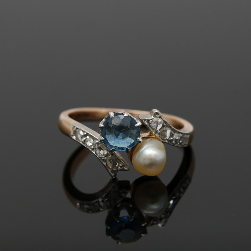 Victorian 18K Rose Gold and Platinum Diamond and Pearl Ring