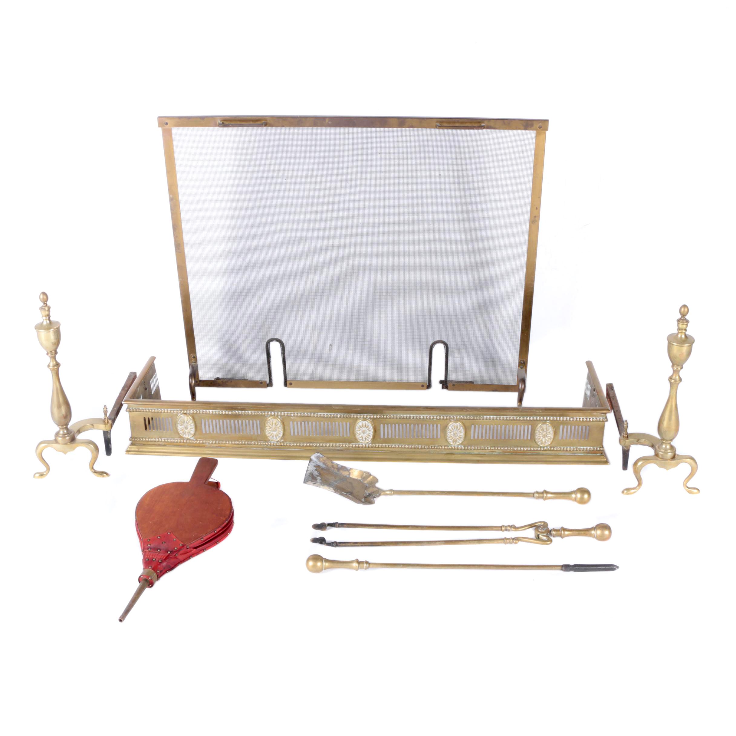 Brass Fireplace Screen, Andirons and Accessories
