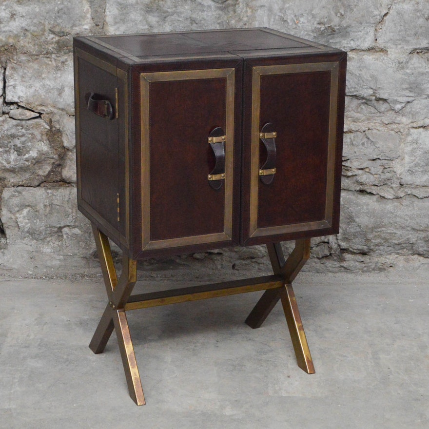 Campaign Style Leather Bar Cabinet on Stand