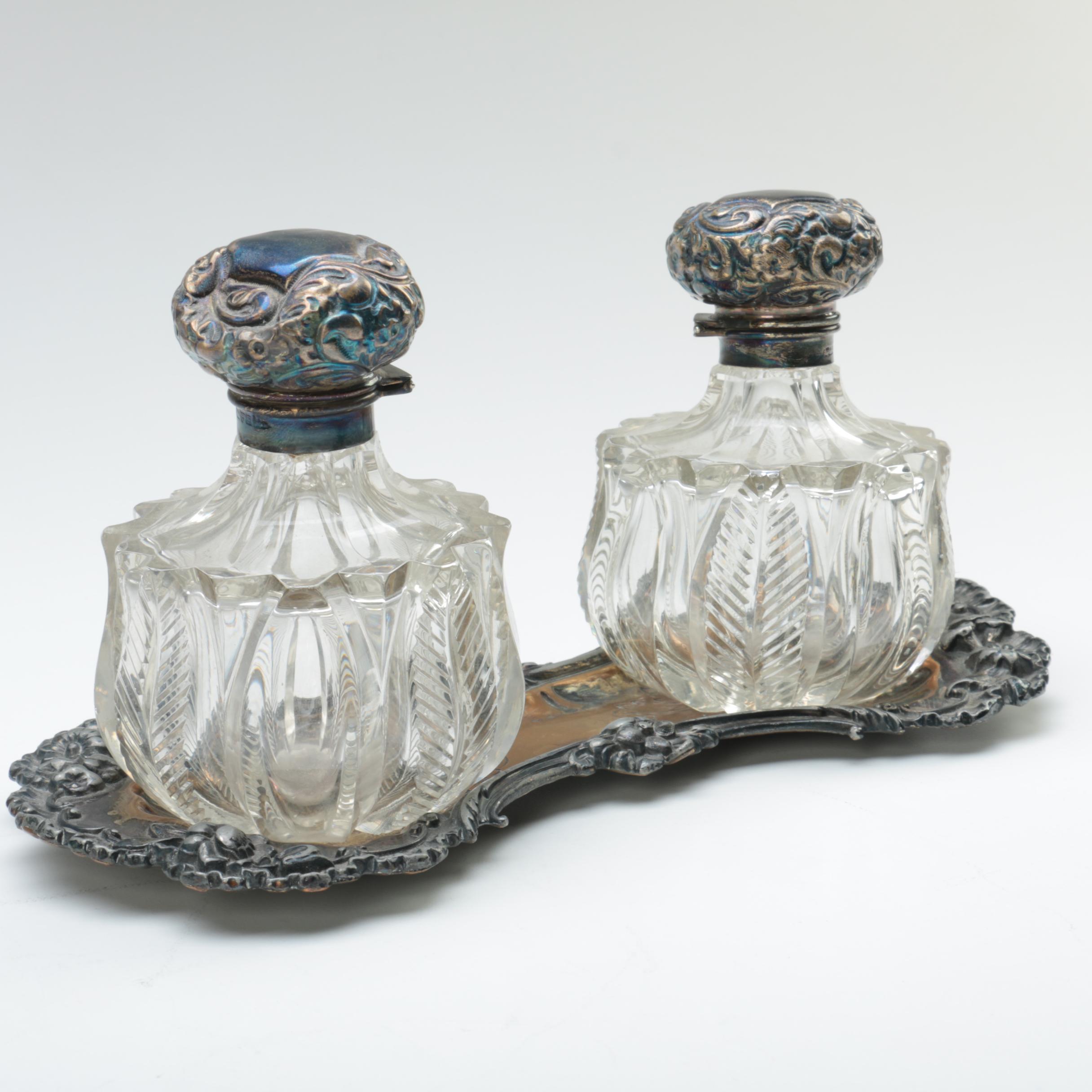 Walker & Hall Glass and Repoussé Sterling Vanity Jars with Silver Plate Tray