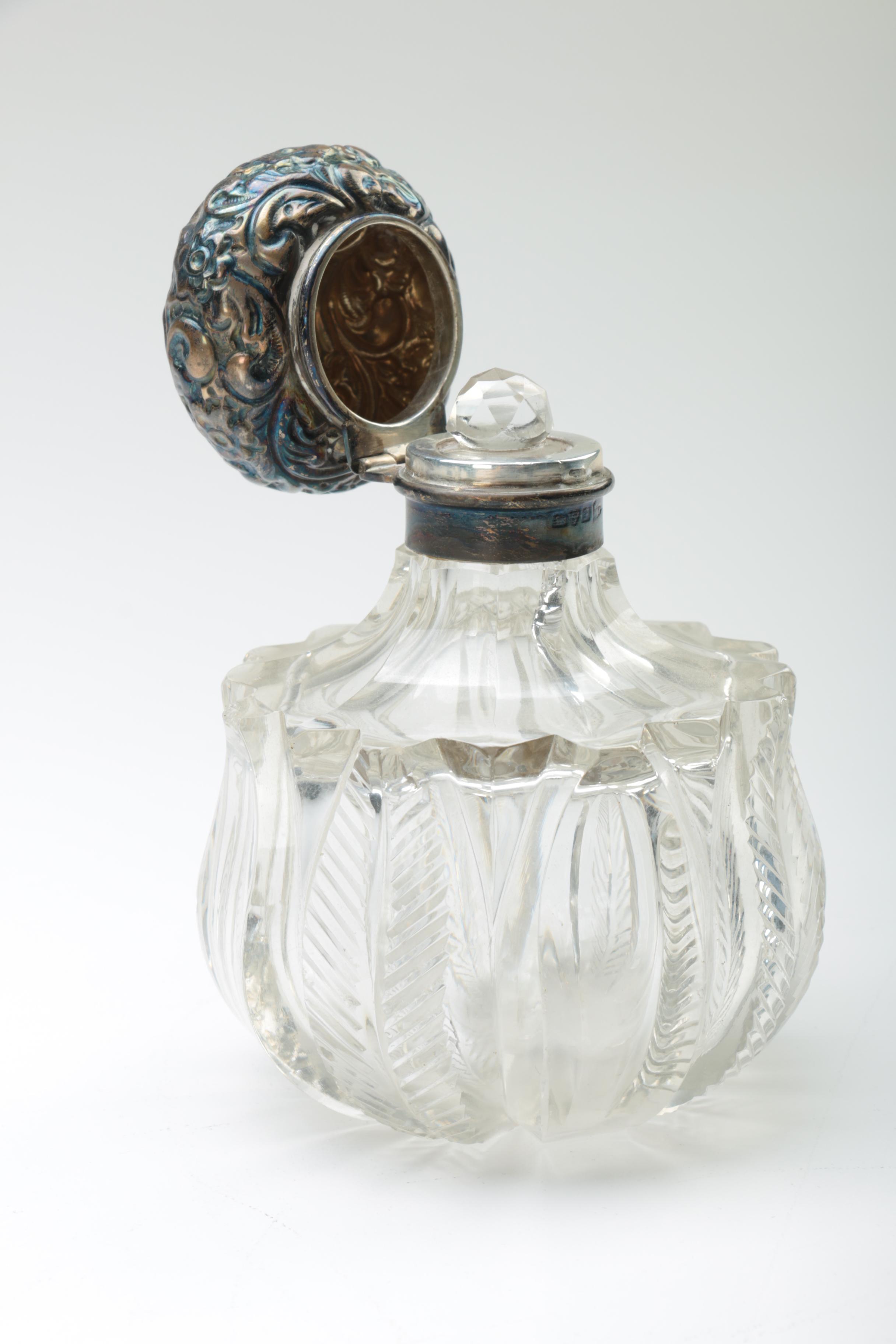 Walker & Hall Glass and Repoussé Sterling Vanity Jars with Silver Plate Tray