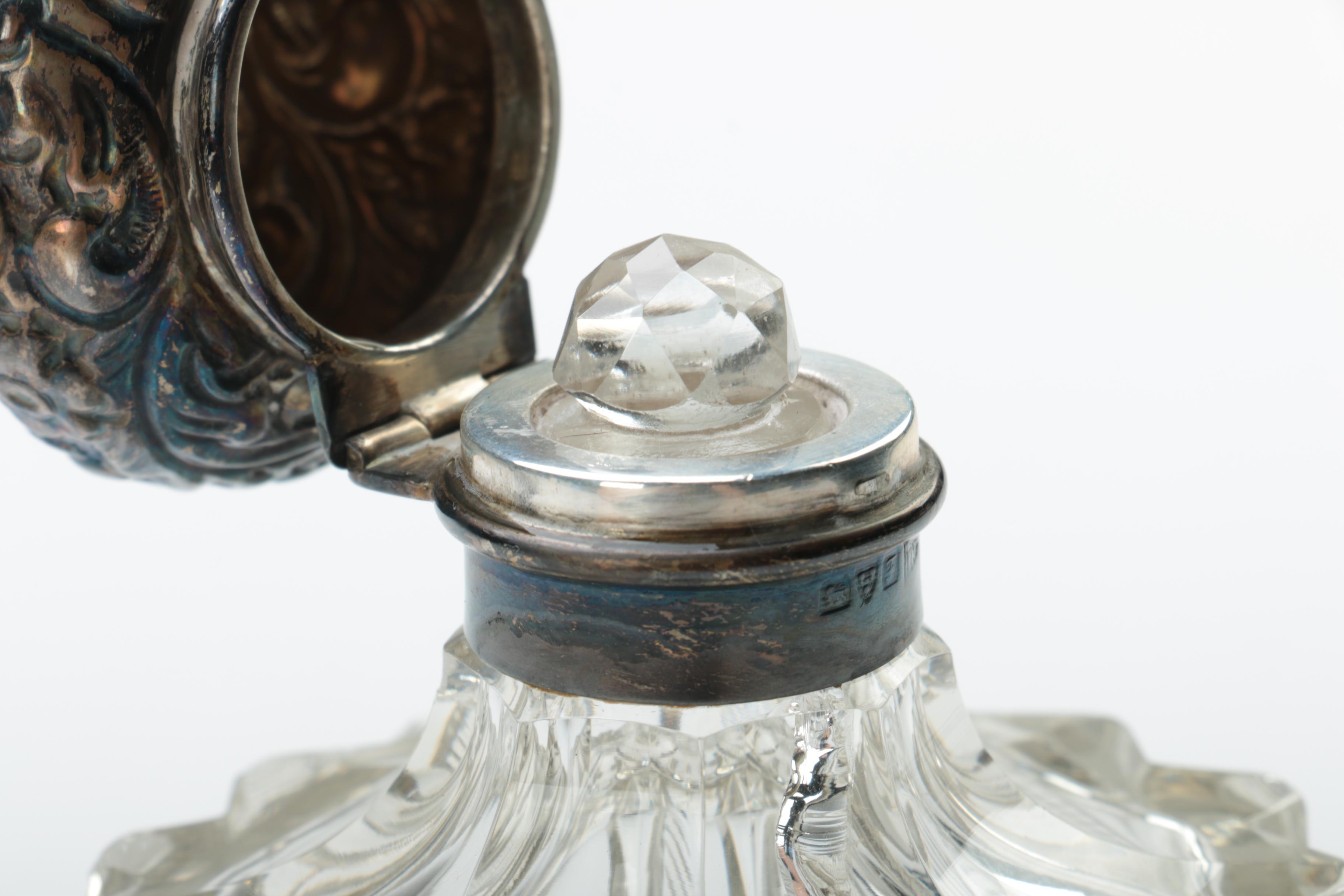Walker & Hall Glass and Repoussé Sterling Vanity Jars with Silver Plate Tray