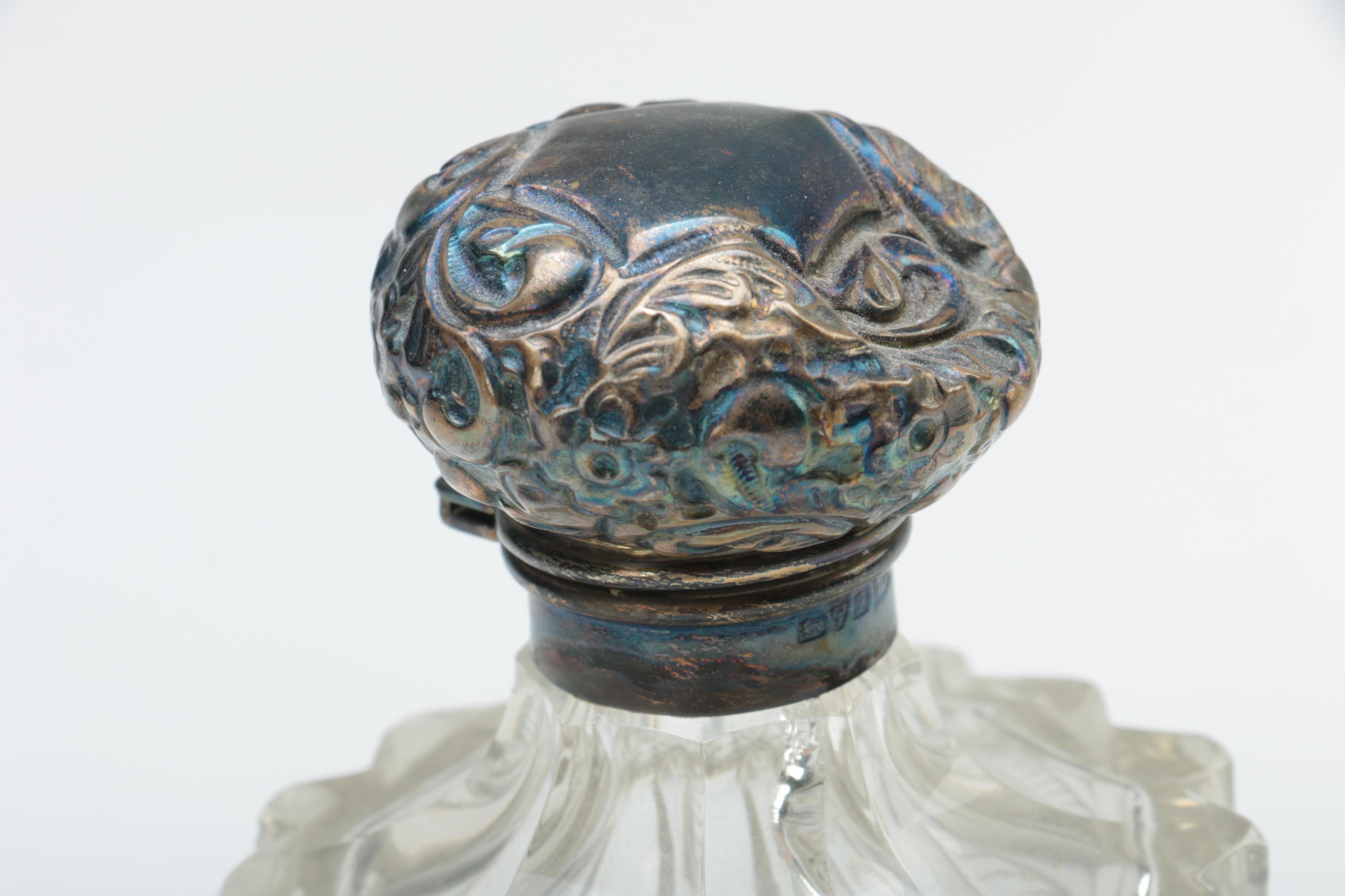 Walker & Hall Glass and Repoussé Sterling Vanity Jars with Silver Plate Tray