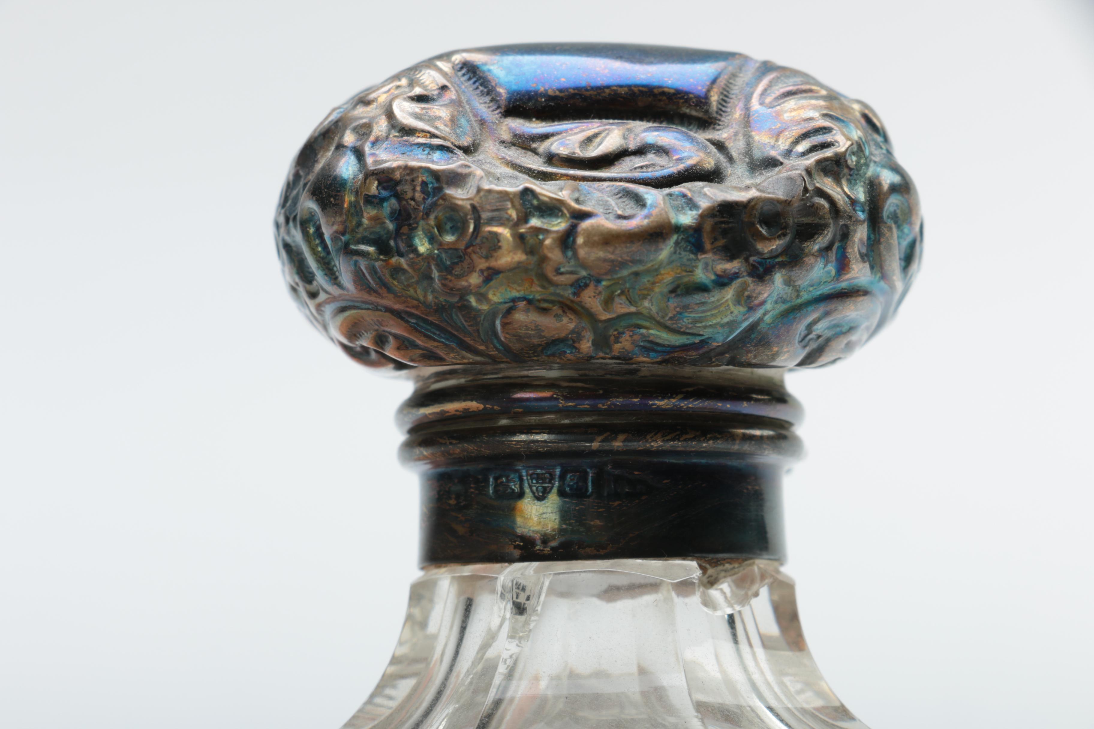 Walker & Hall Glass and Repoussé Sterling Vanity Jars with Silver Plate Tray