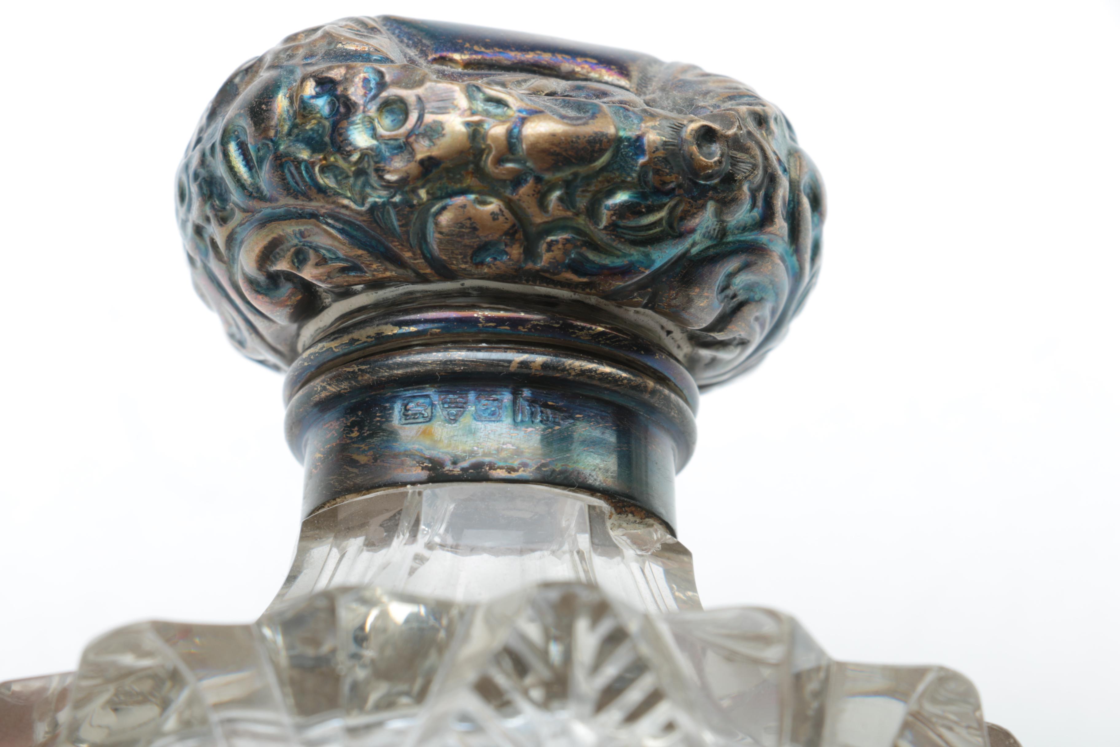 Walker & Hall Glass and Repoussé Sterling Vanity Jars with Silver Plate Tray