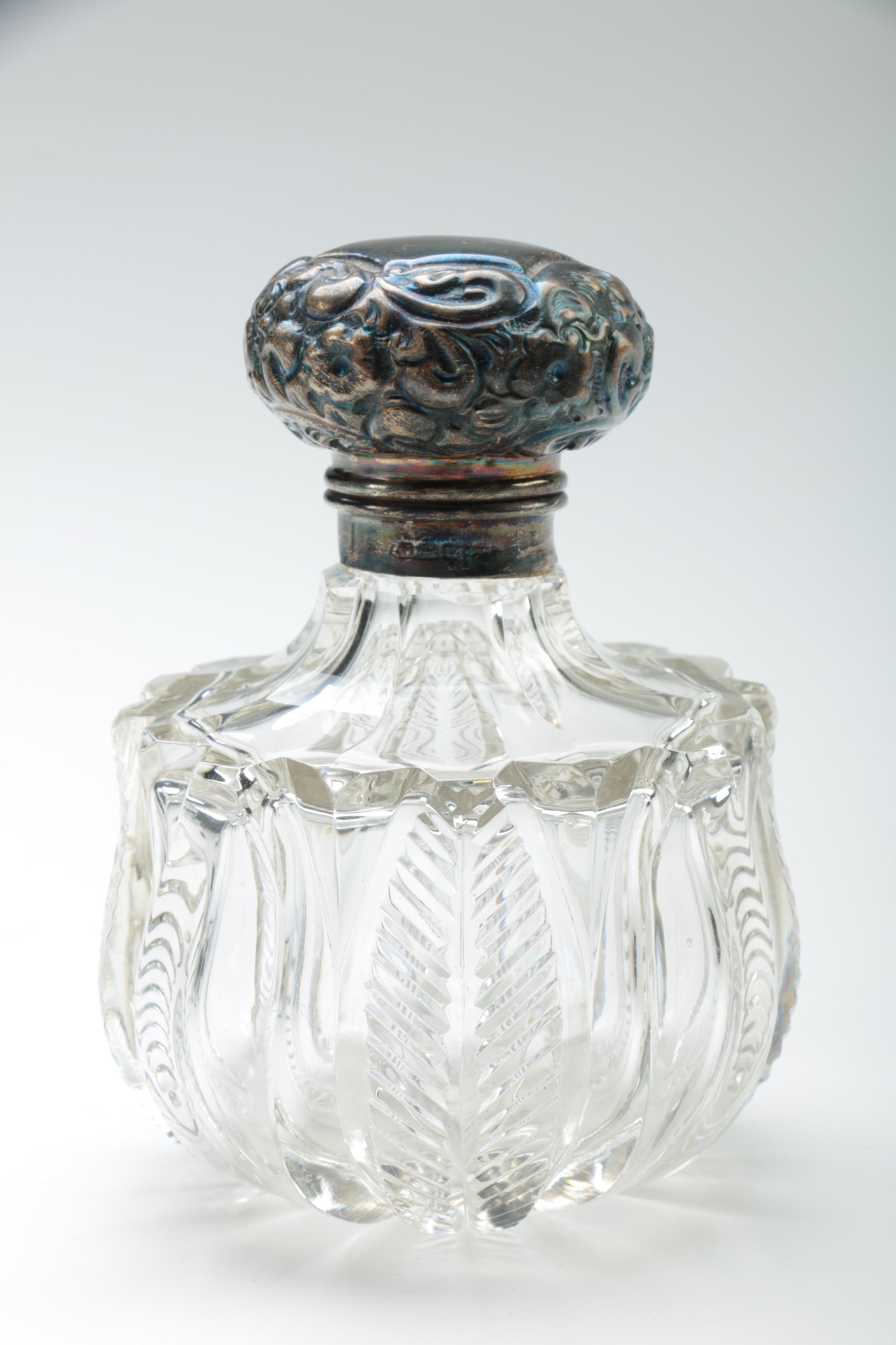 Walker & Hall Glass and Repoussé Sterling Vanity Jars with Silver Plate Tray