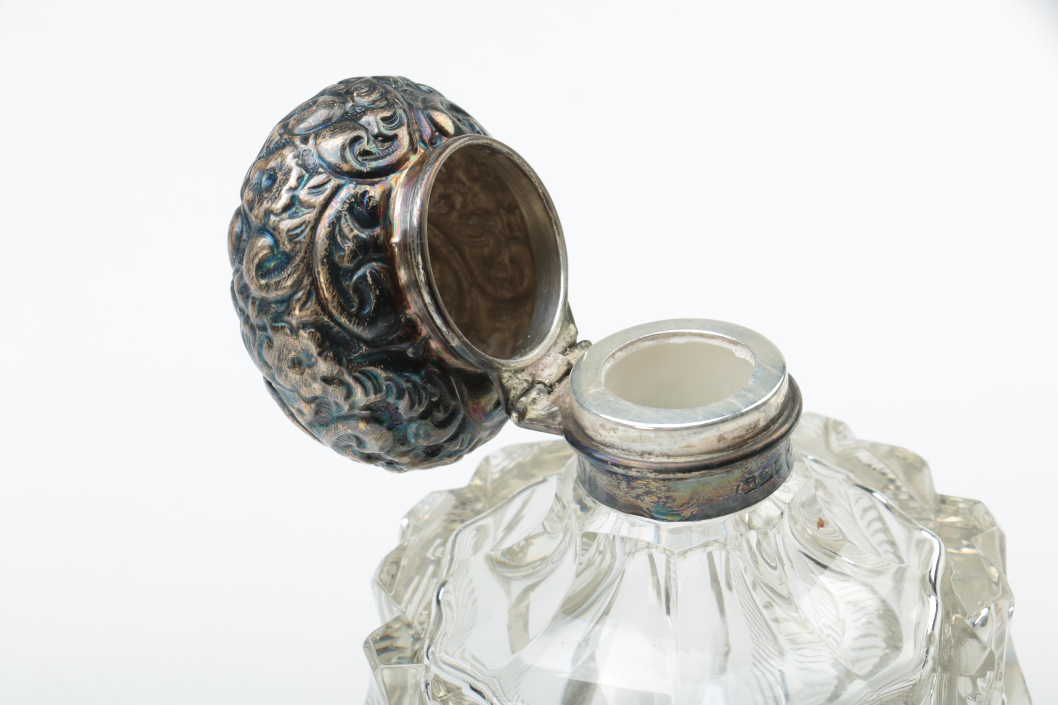 Walker & Hall Glass and Repoussé Sterling Vanity Jars with Silver Plate Tray